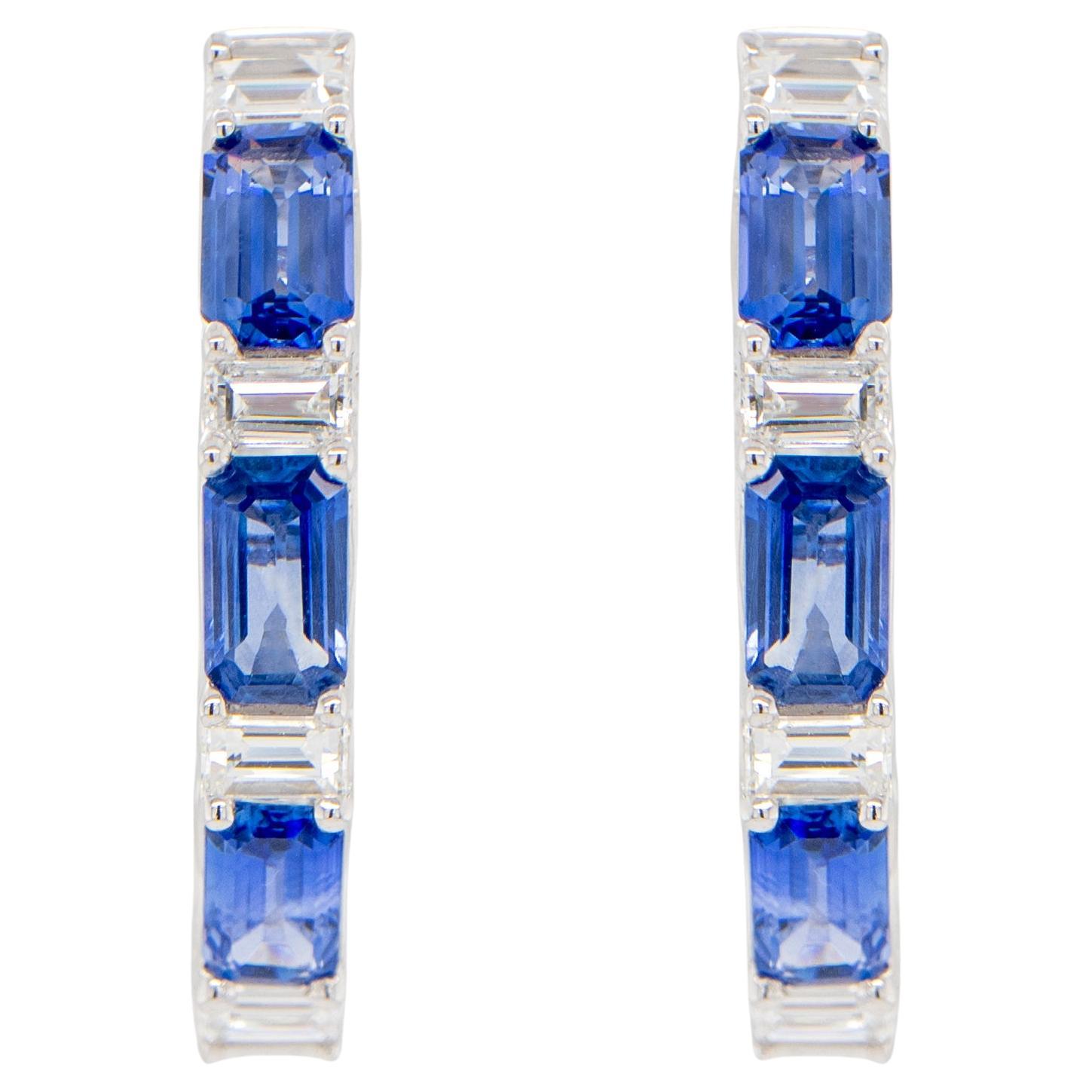 Blue Sapphire and Diamond Hoop Earrings 2.5 Carats 18K White Gold For Sale