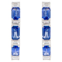 Blue Sapphire and Diamond Hoop Earrings 2.5 Carats 18K White Gold