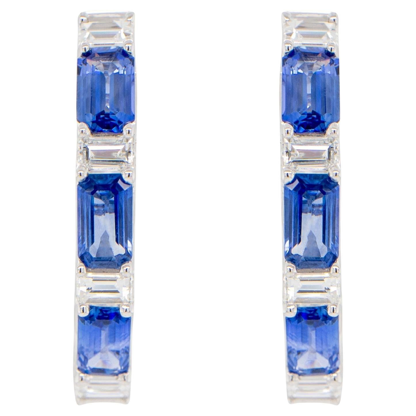 Blue Sapphire and Diamond Hoop Earrings 2.5 Carats 18K White Gold For Sale