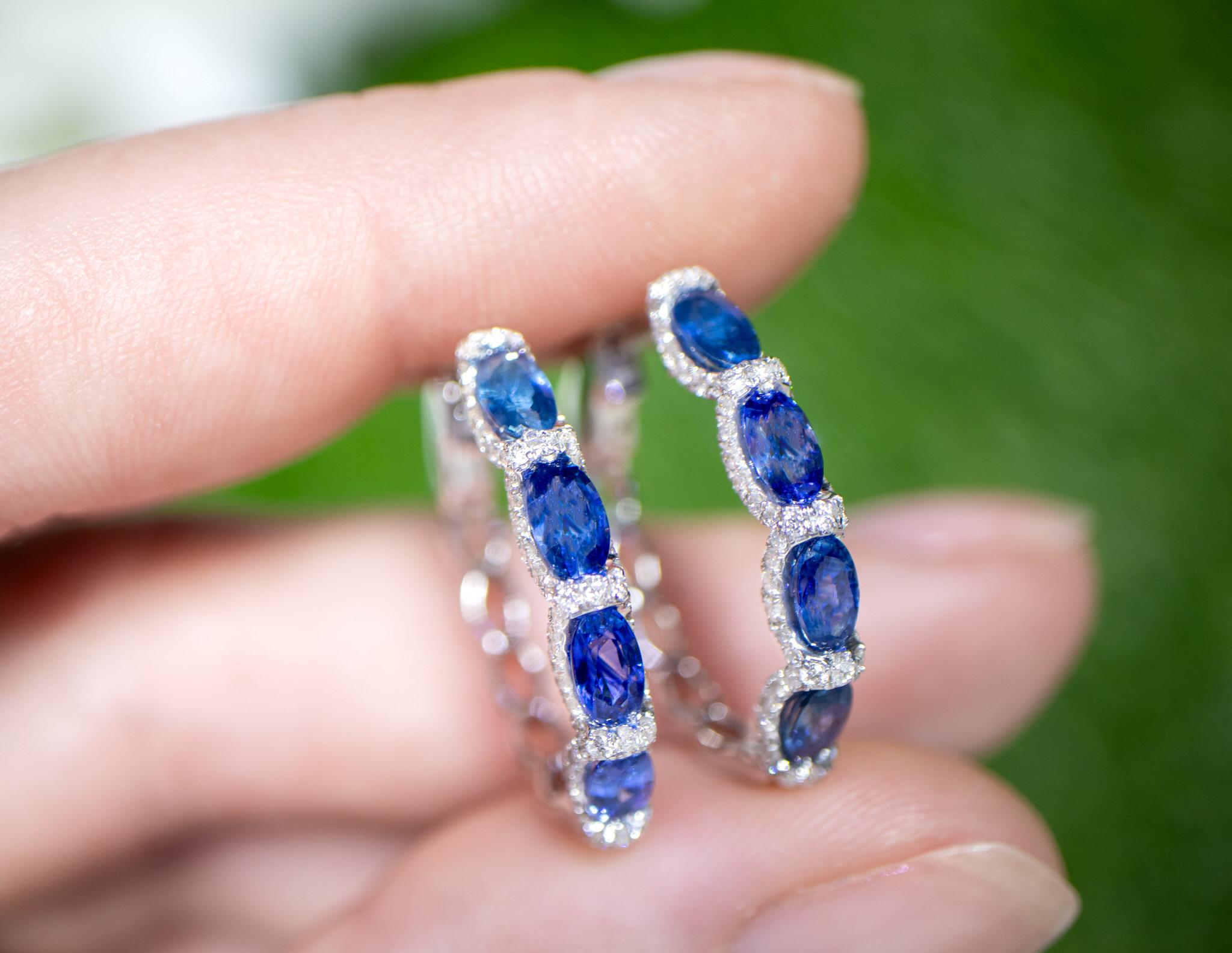 Oval Cut Blue Sapphire and Diamond Hoop Earrings 2.75 Carats 18K White Gold For Sale