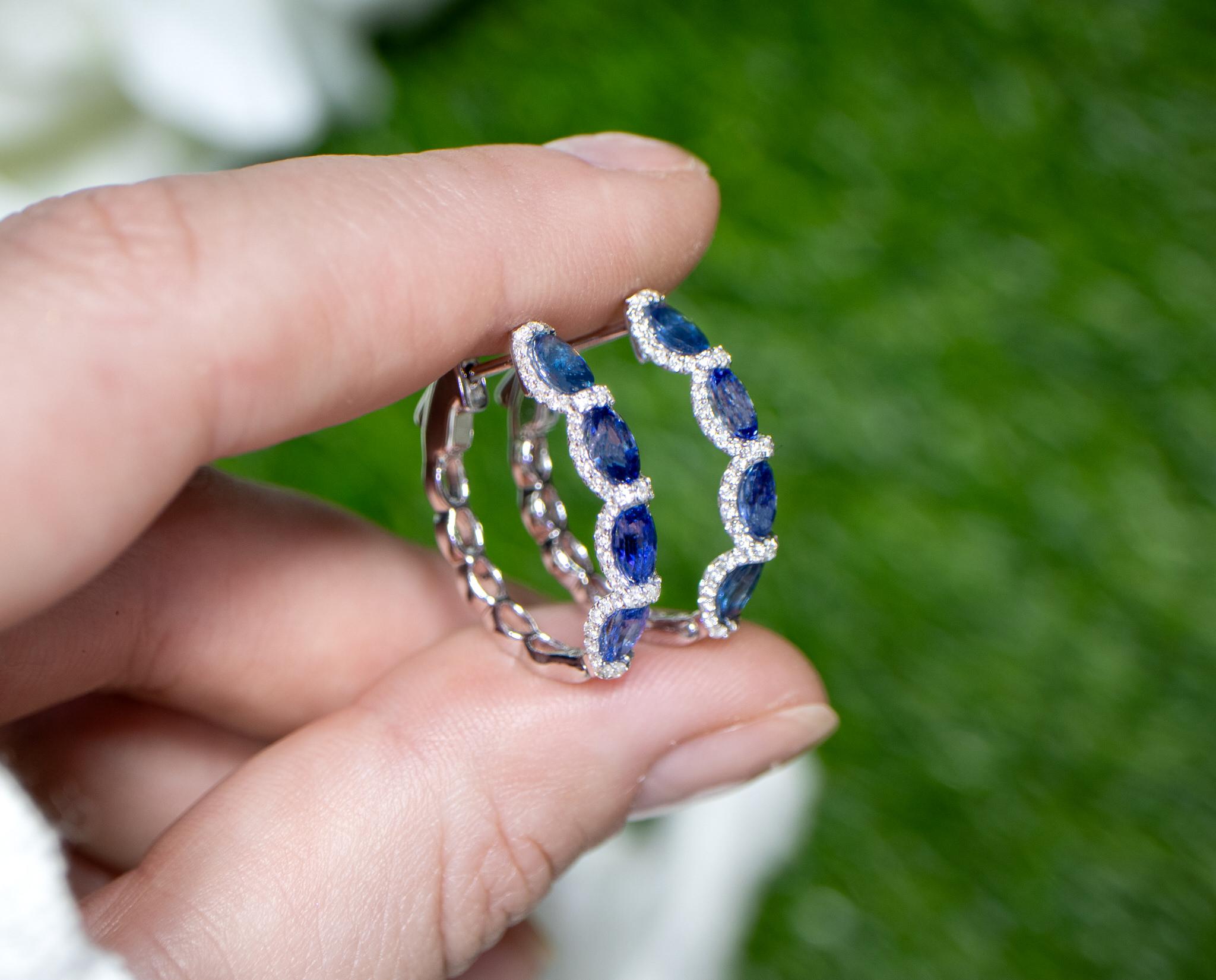 Blue Sapphire and Diamond Hoop Earrings 2.75 Carats 18K White Gold In Excellent Condition For Sale In Aliso Viejo, CA