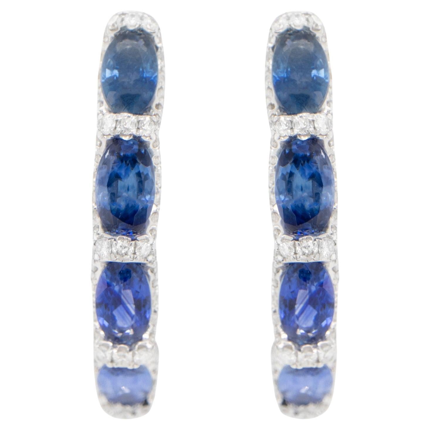 Blue Sapphire and Diamond Hoop Earrings 2.75 Carats 18K White Gold For Sale