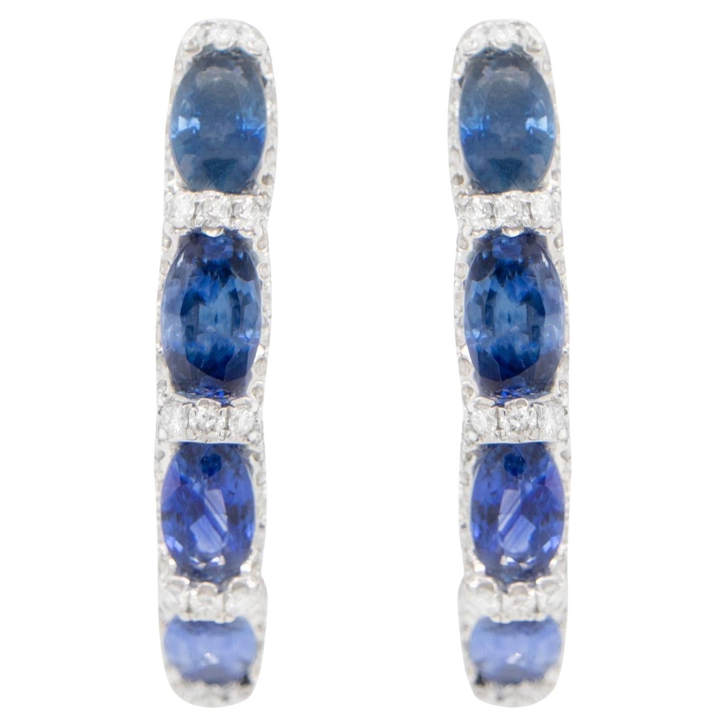 Blue Sapphire and Diamond Hoop Earrings 2.75 Carats 18K White Gold