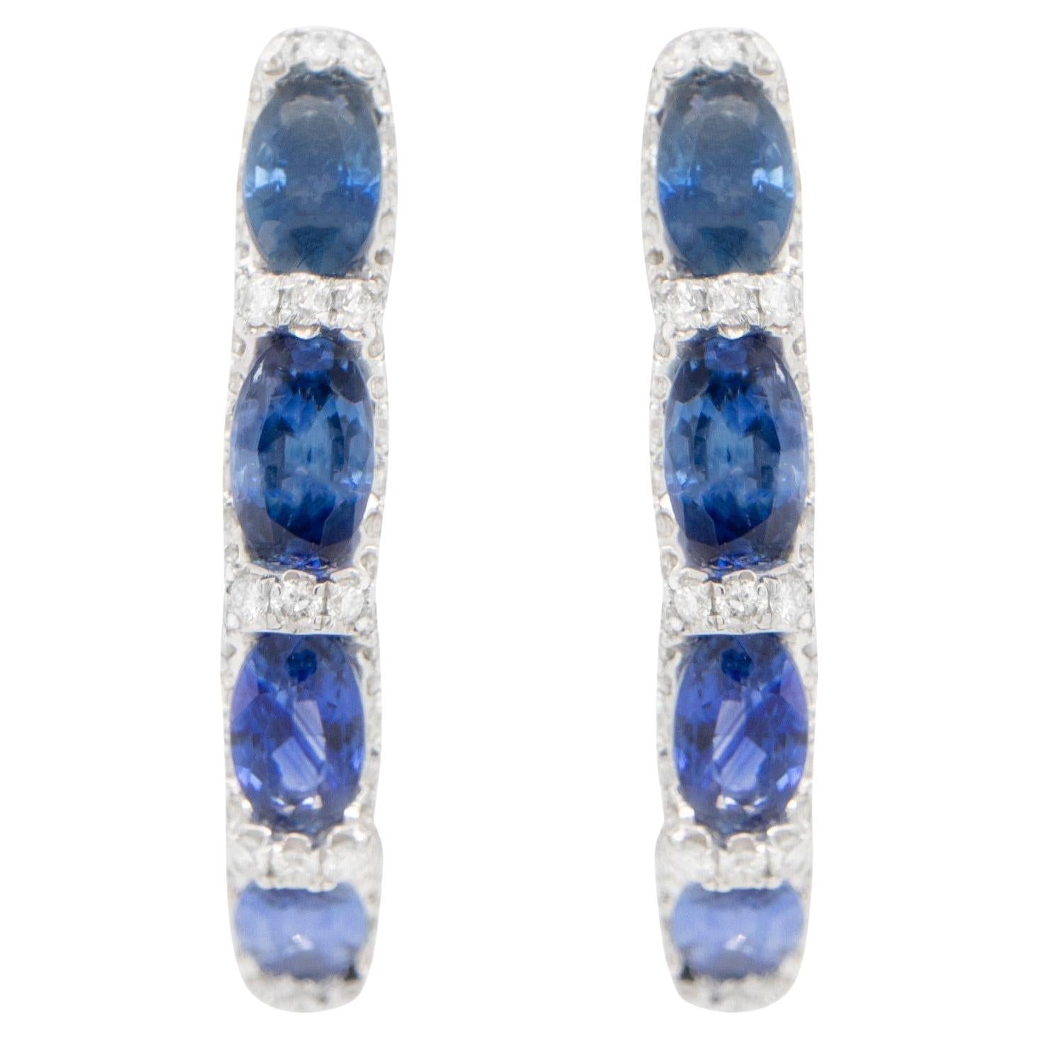 Blue Sapphire and Diamond Hoop Earrings 2.75 Carats 18K White Gold For Sale