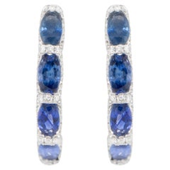 Blue Sapphire and Diamond Hoop Earrings 2.75 Carats 18K White Gold