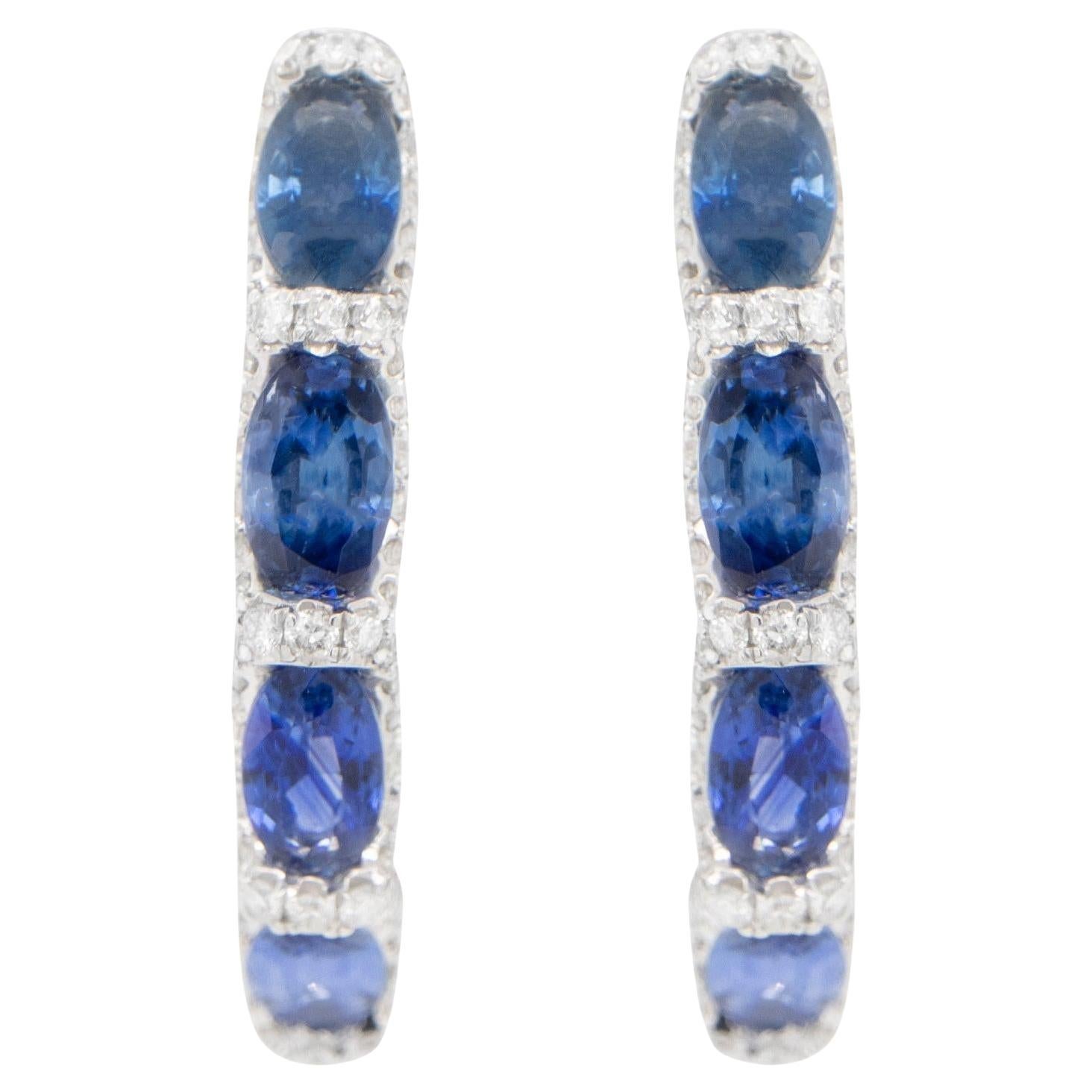 Blue Sapphire and Diamond Hoop Earrings 2.75 Carats 18K White Gold