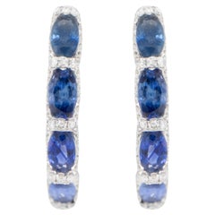 Blue Sapphire and Diamond Hoop Earrings 2.75 Carats 18K White Gold