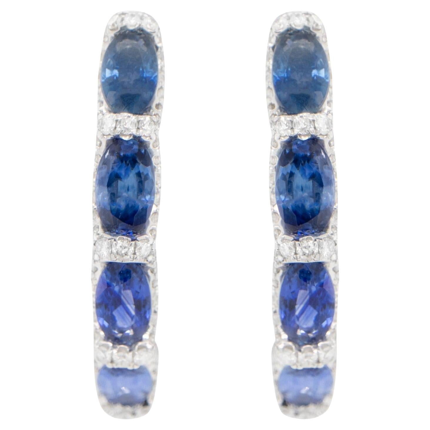 Blue Sapphire and Diamond Hoop Earrings 2.75 Carats 18K White Gold For Sale