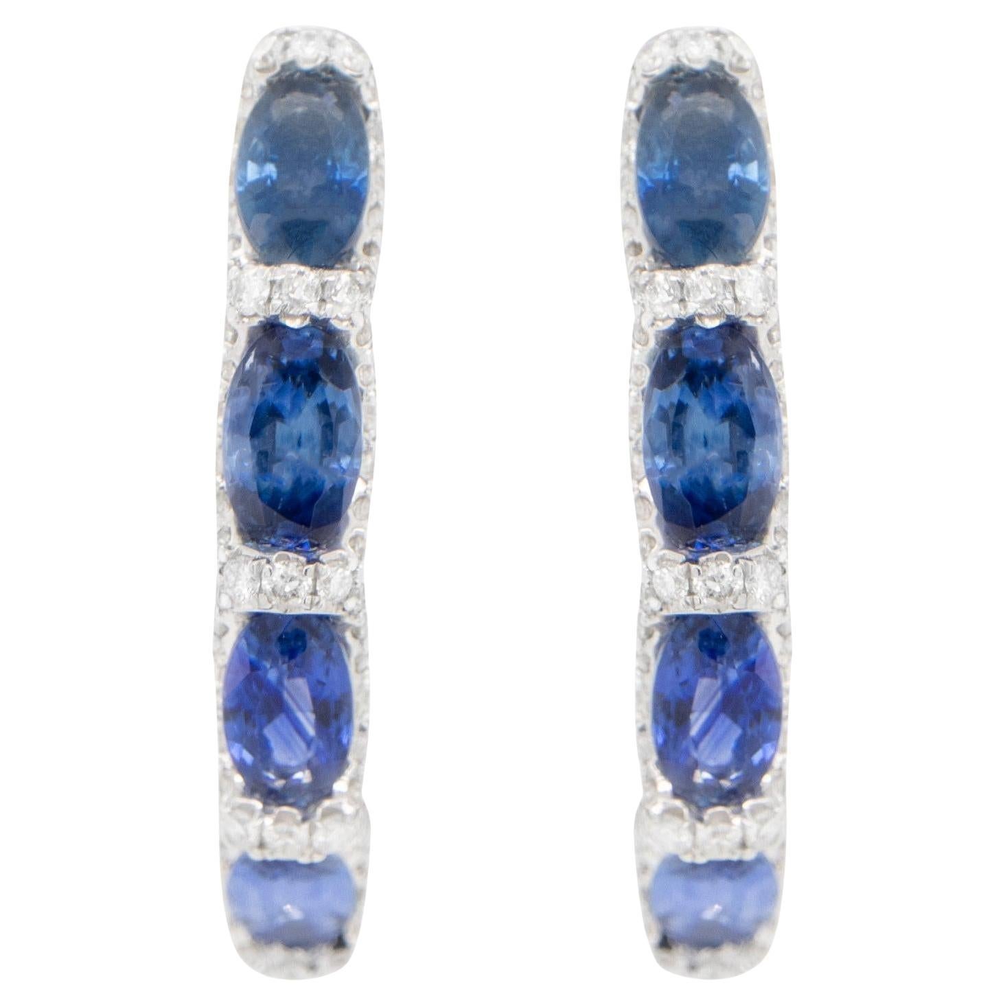 Blue Sapphire and Diamond Hoop Earrings 2.75 Carats 18K White Gold For Sale