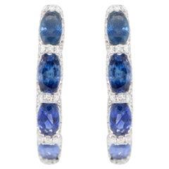 Blue Sapphire and Diamond Hoop Earrings 2.75 Carats 18K White Gold