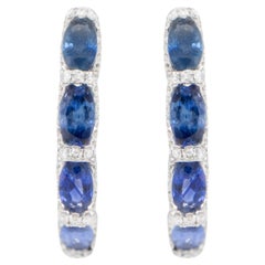 Blue Sapphire and Diamond Hoop Earrings 2.75 Carats 18K White Gold