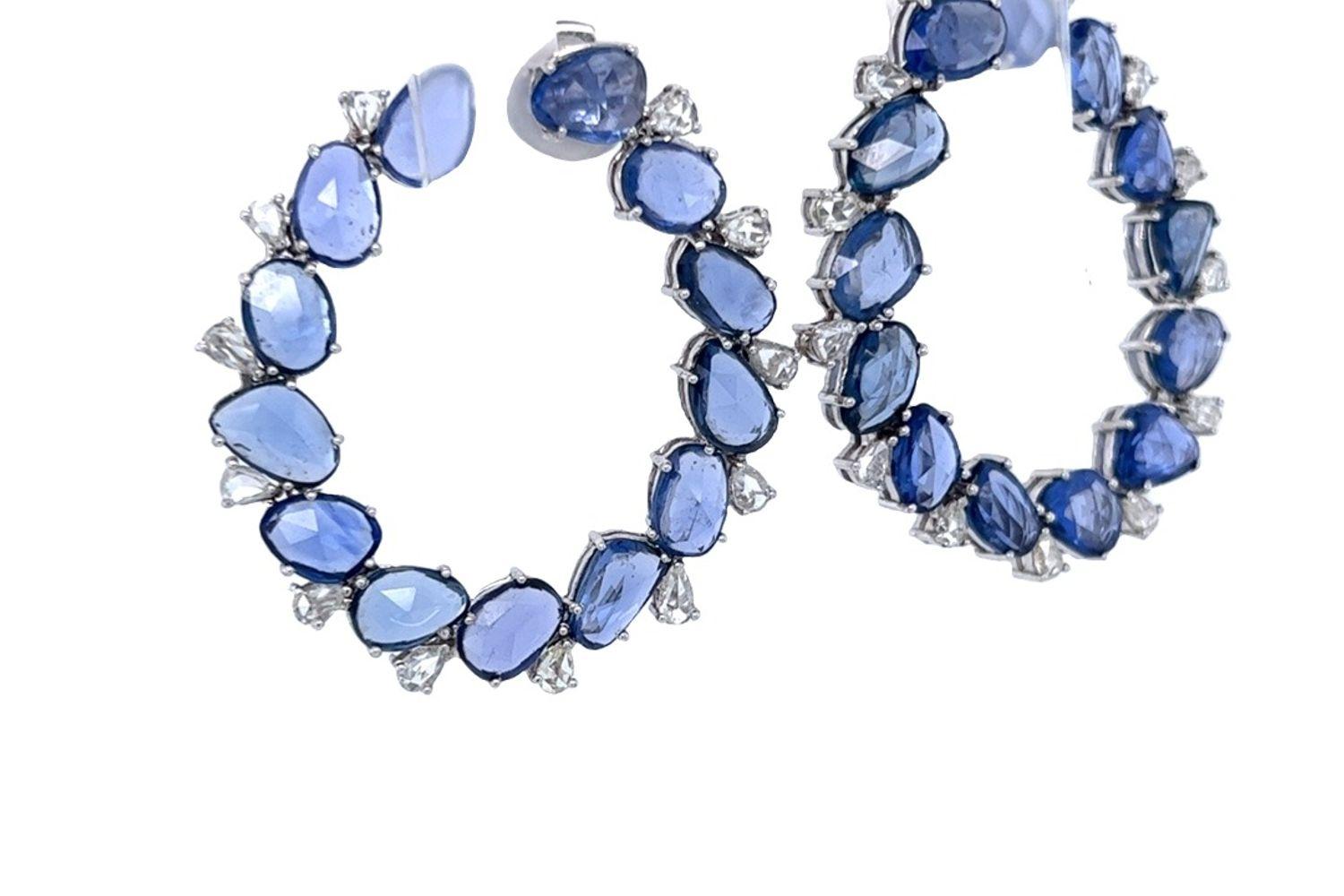 Contemporary Half Hoop 18k Multi-Shaped Sapphire and Diamond Hoop Earrings