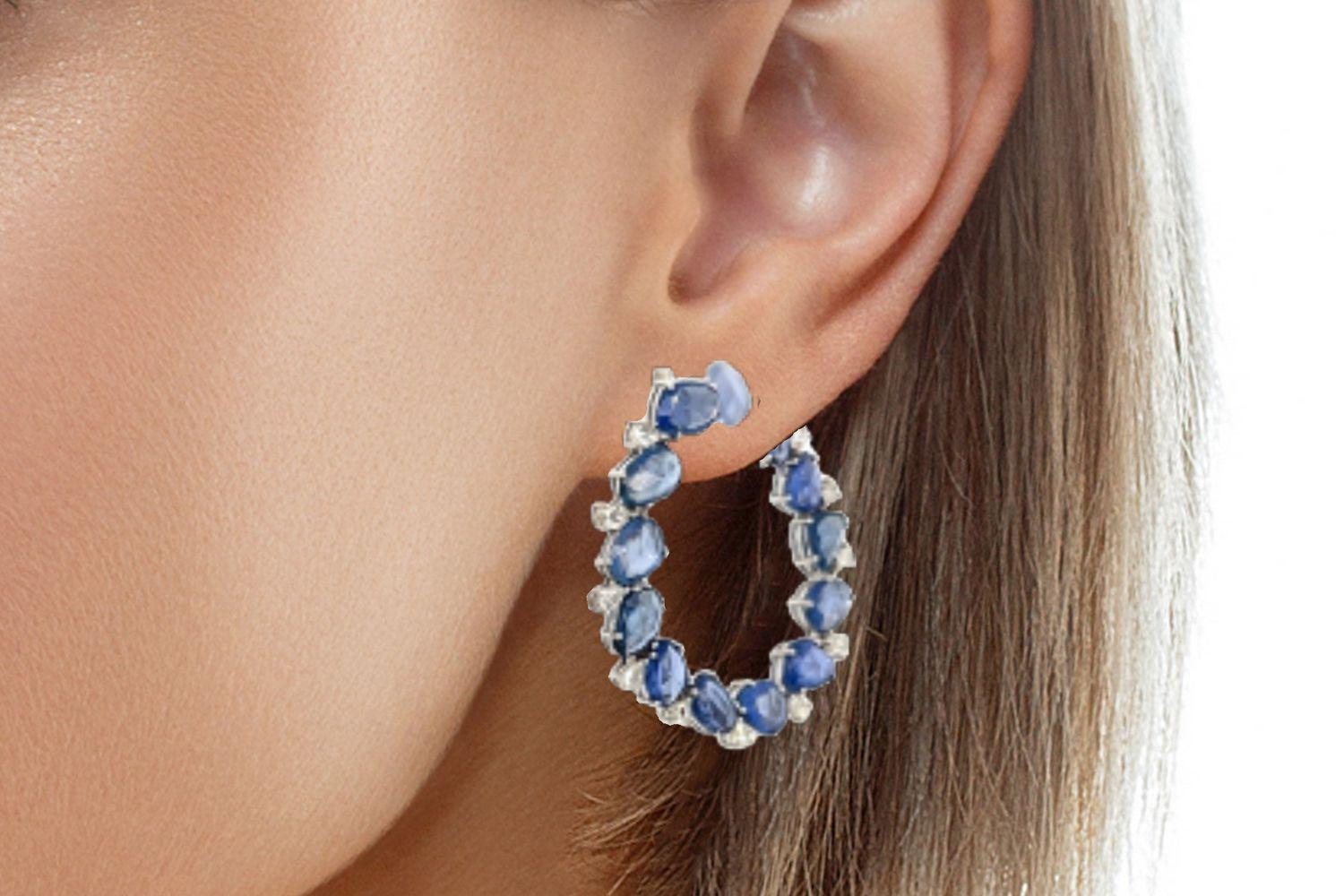 Half Hoop 18k Multi-Shaped Sapphire and Diamond Hoop Earrings 1