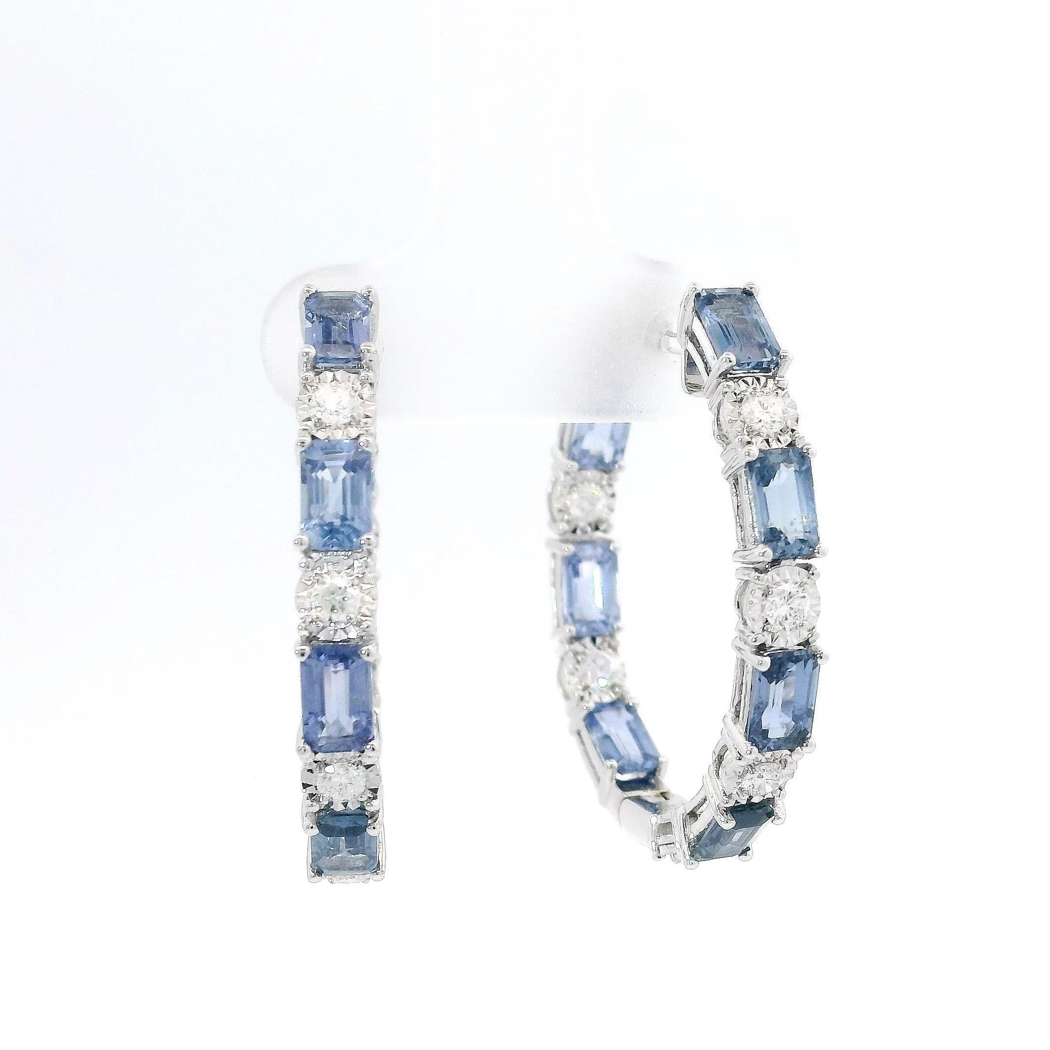 Contemporary Blue Sapphire and Diamond Hoops in 18K White Gold