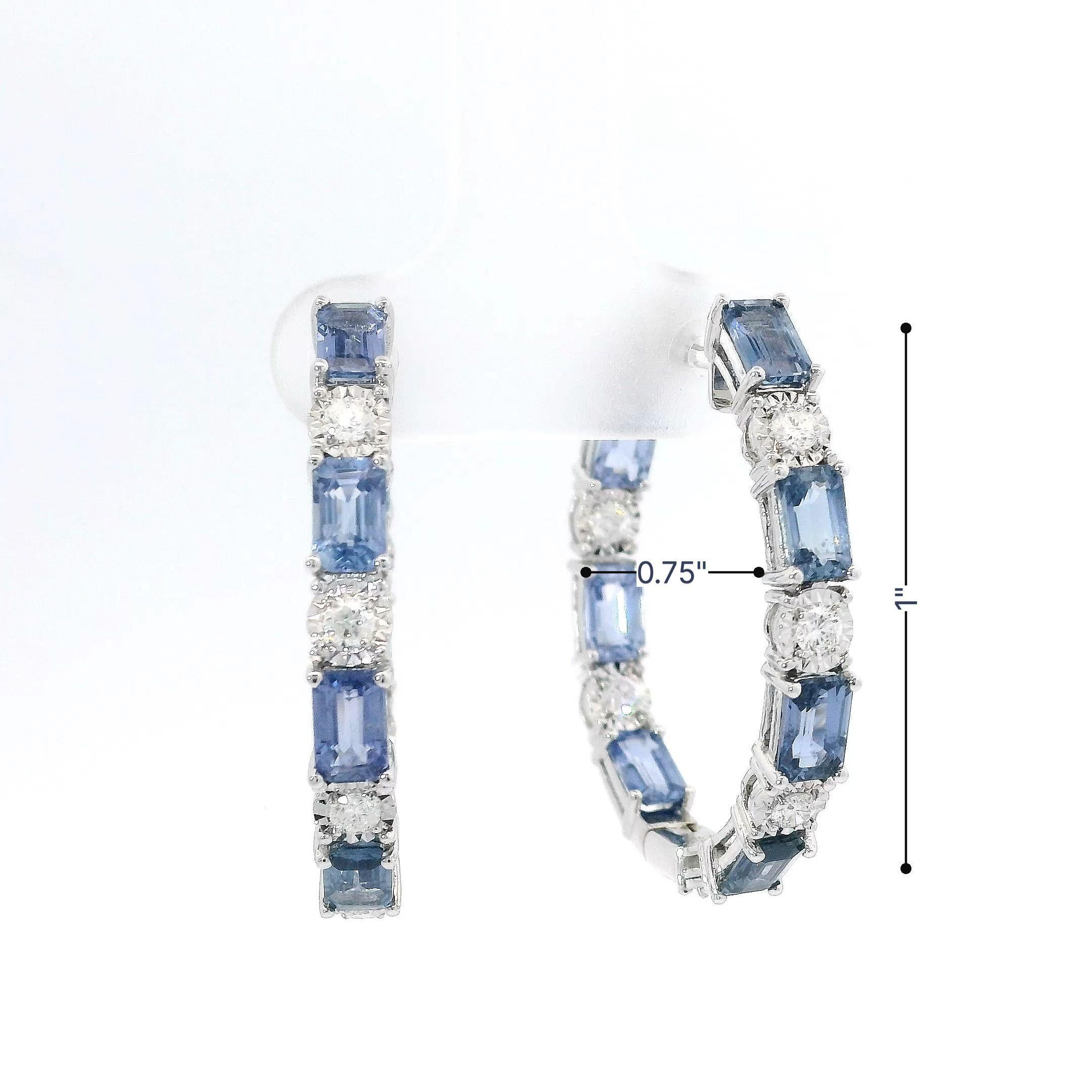Baguette Cut Blue Sapphire and Diamond Hoops in 18K White Gold