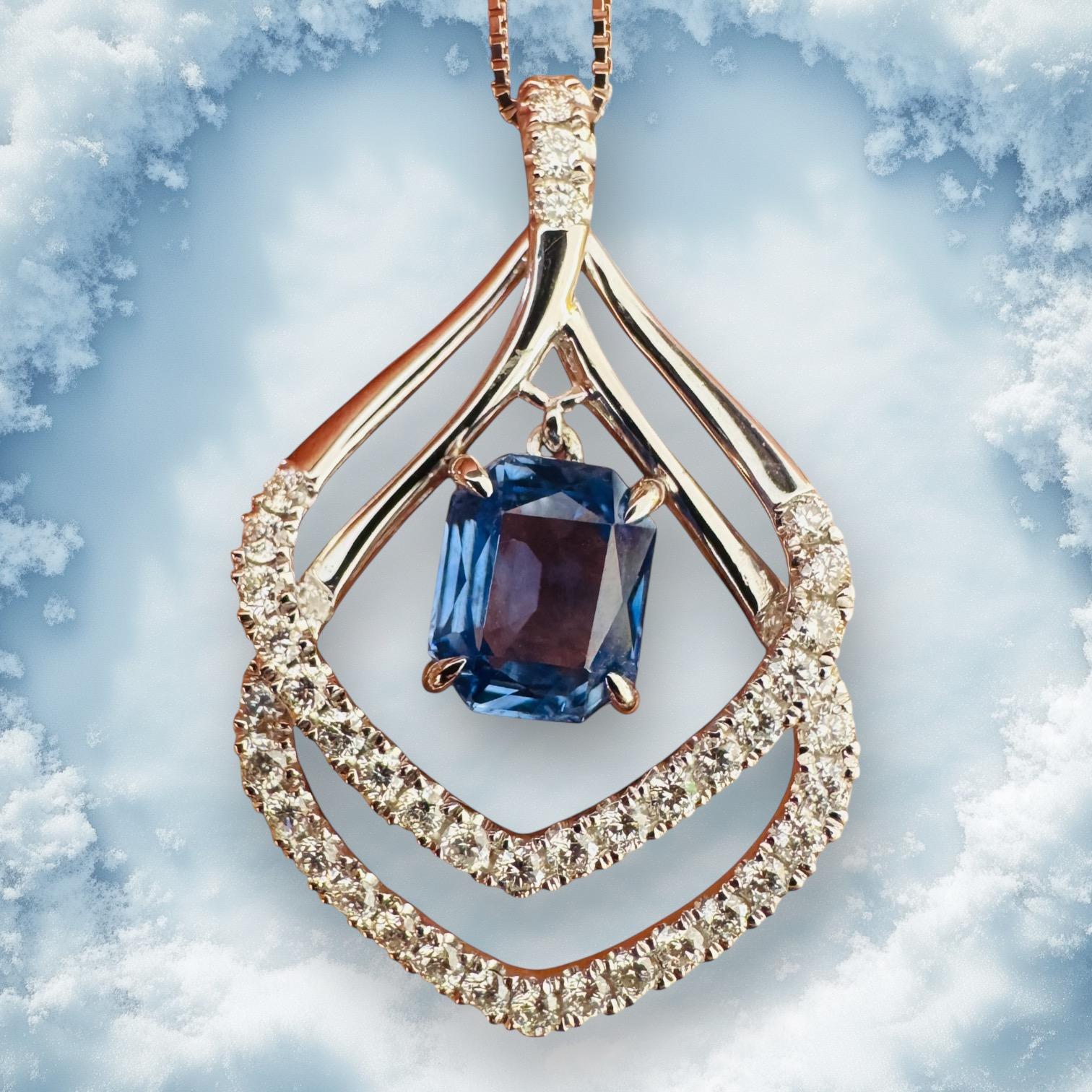 Emerald Cut Blue Sapphire and Diamond Kite Pendant For Sale