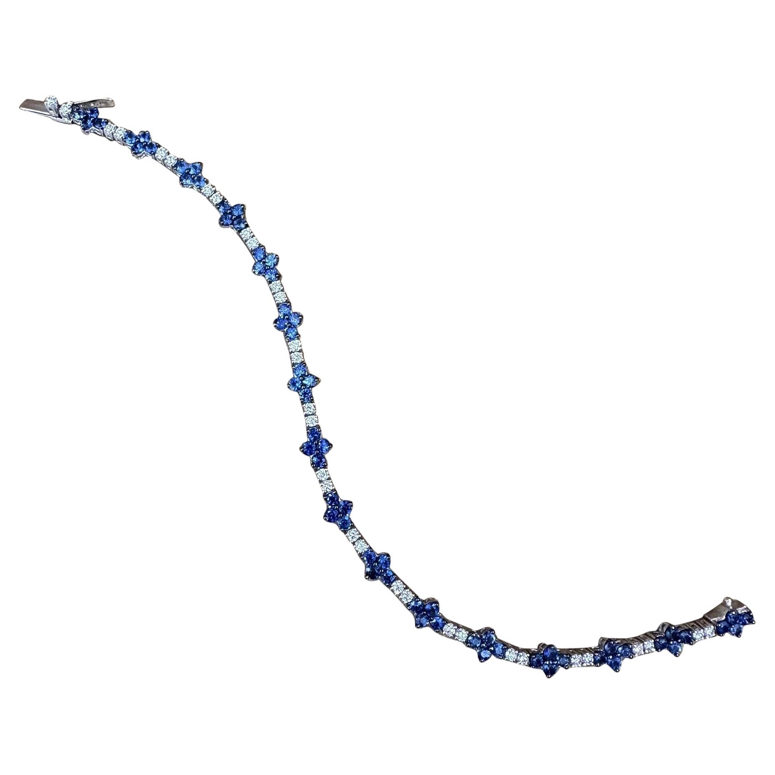 Blue Sapphire and Diamond Line Bracelet in 18k White Gold