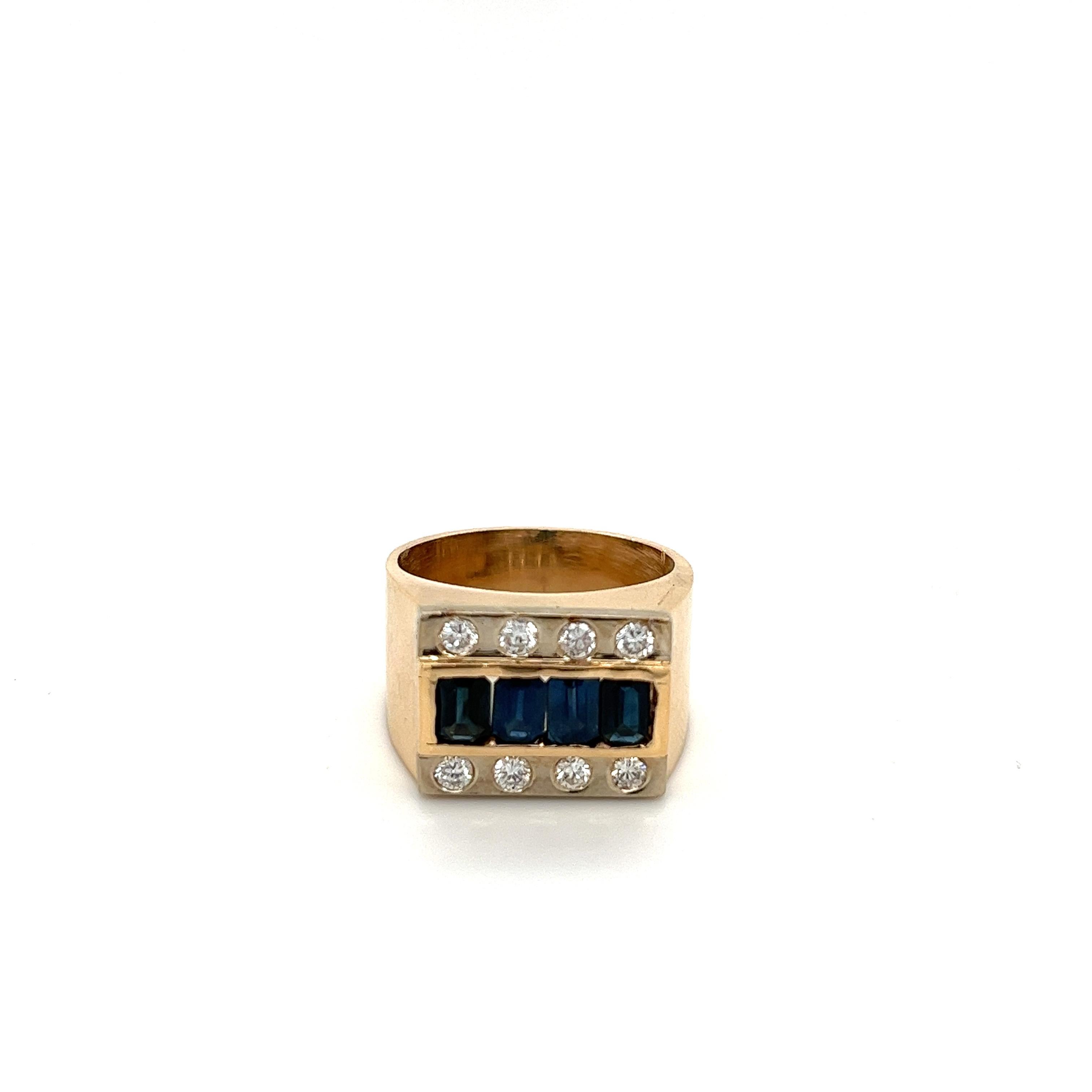 Natural Diamond and Blue Sapphire checkerboard style wide band ring. The gemstones are bezel-set stones in a classic men's pinky ring symmetrical pattern. 14k solid gold with a shiny polished finish. 

This ring can be polished upon request. Free of