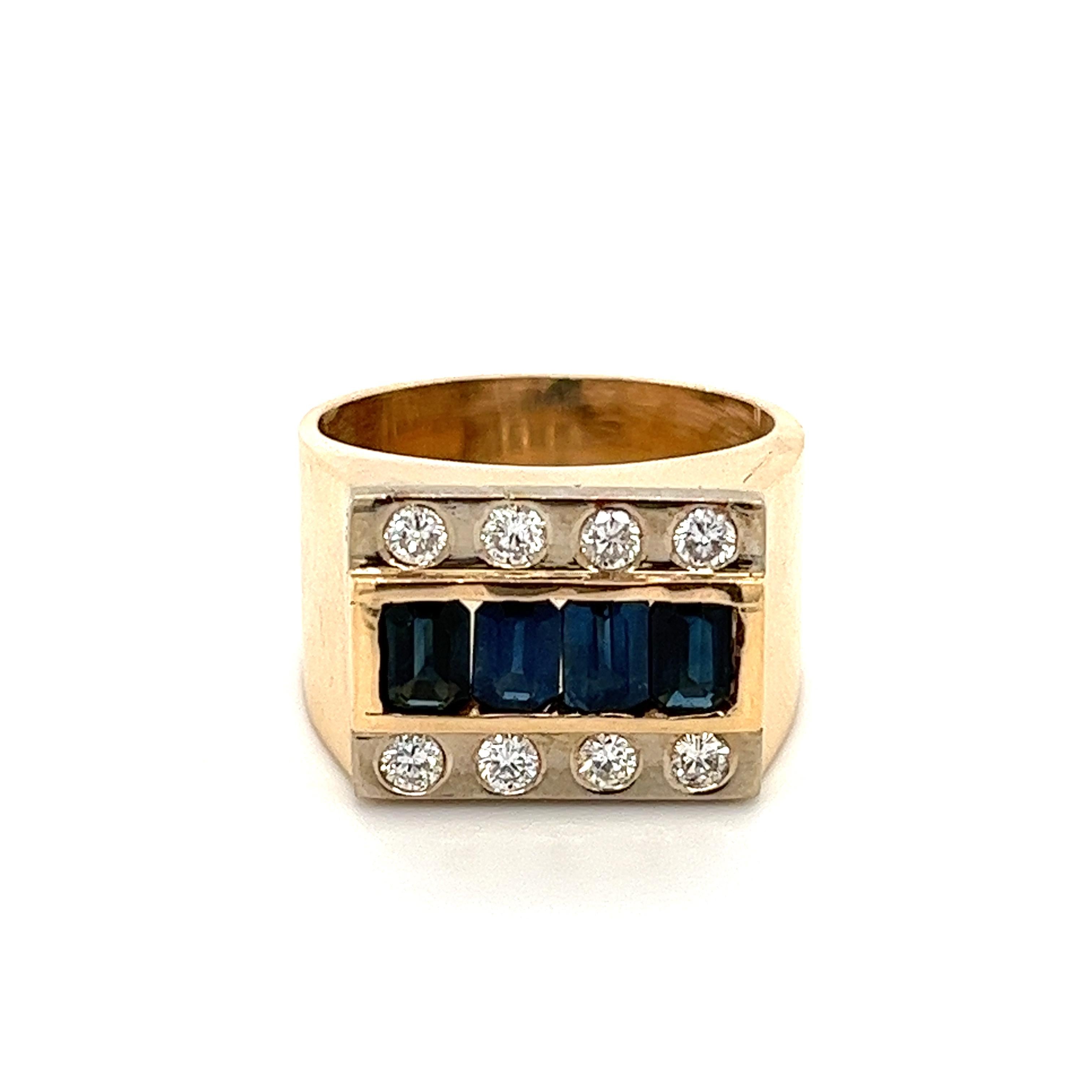 Art Deco Blue Sapphire and Diamond Mens Wide Band Ring in 14k Gold For Sale