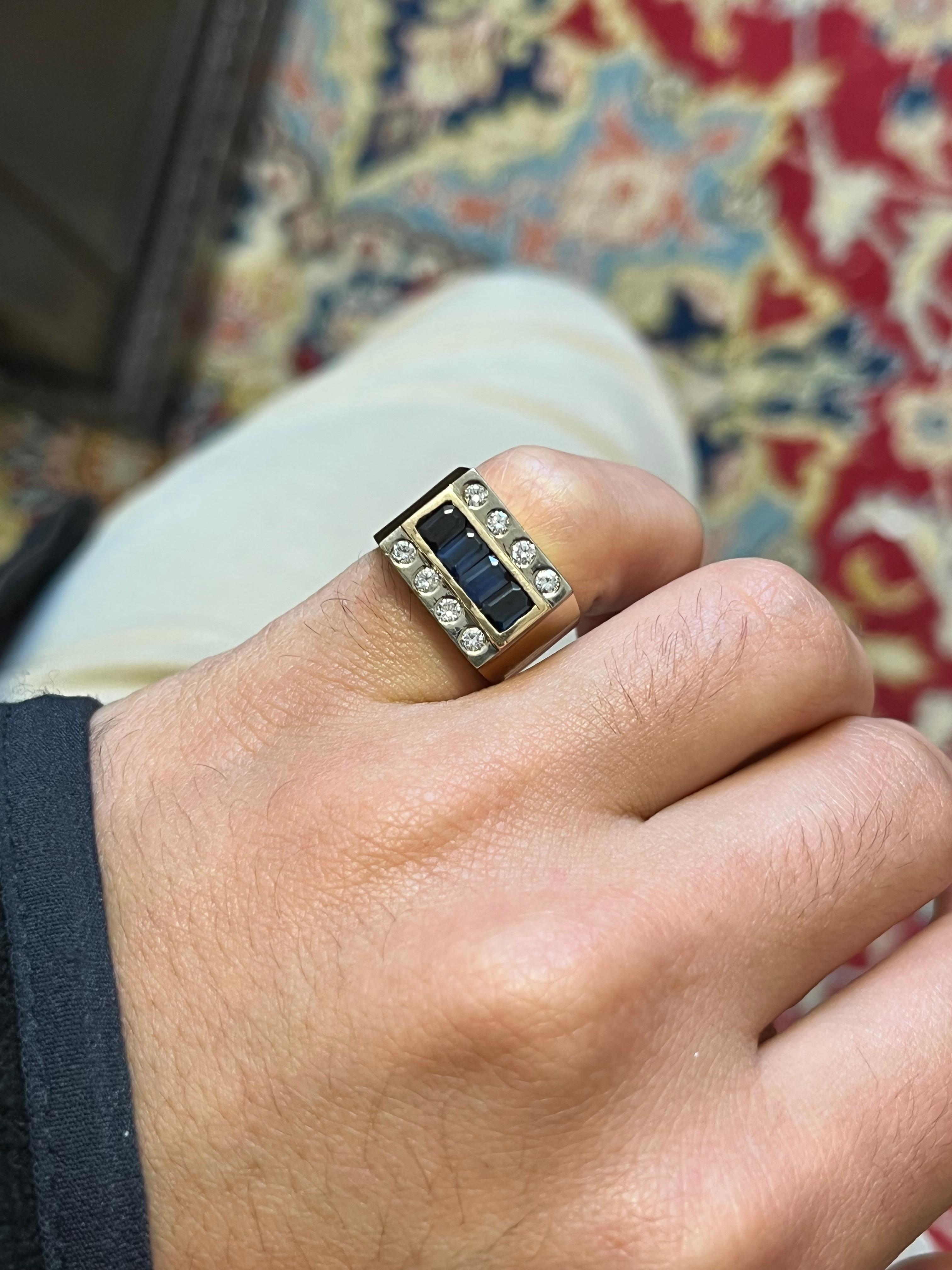 Emerald Cut Blue Sapphire and Diamond Mens Wide Band Ring in 14k Gold For Sale