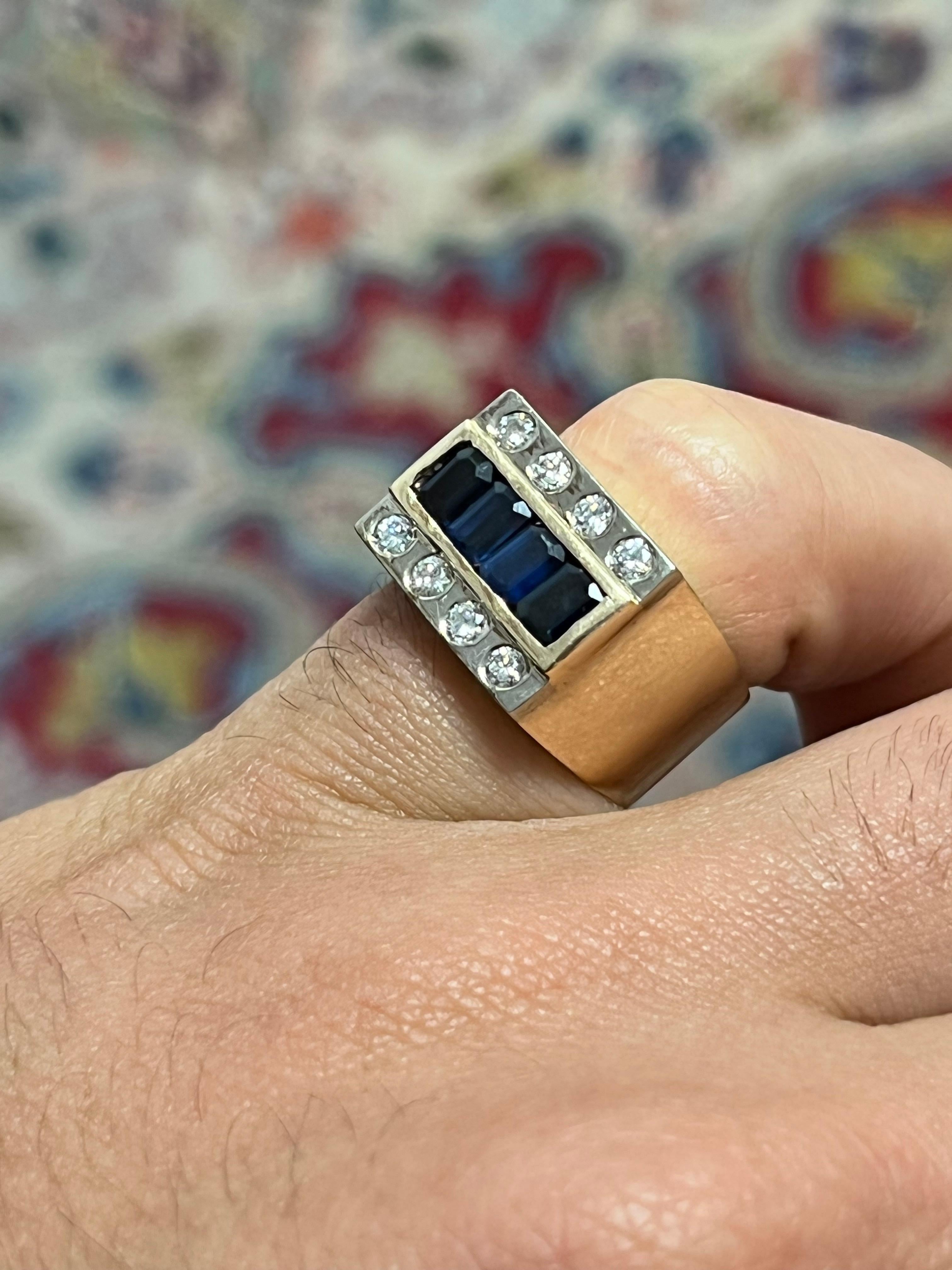 Women's or Men's Blue Sapphire and Diamond Mens Wide Band Ring in 14k Gold For Sale