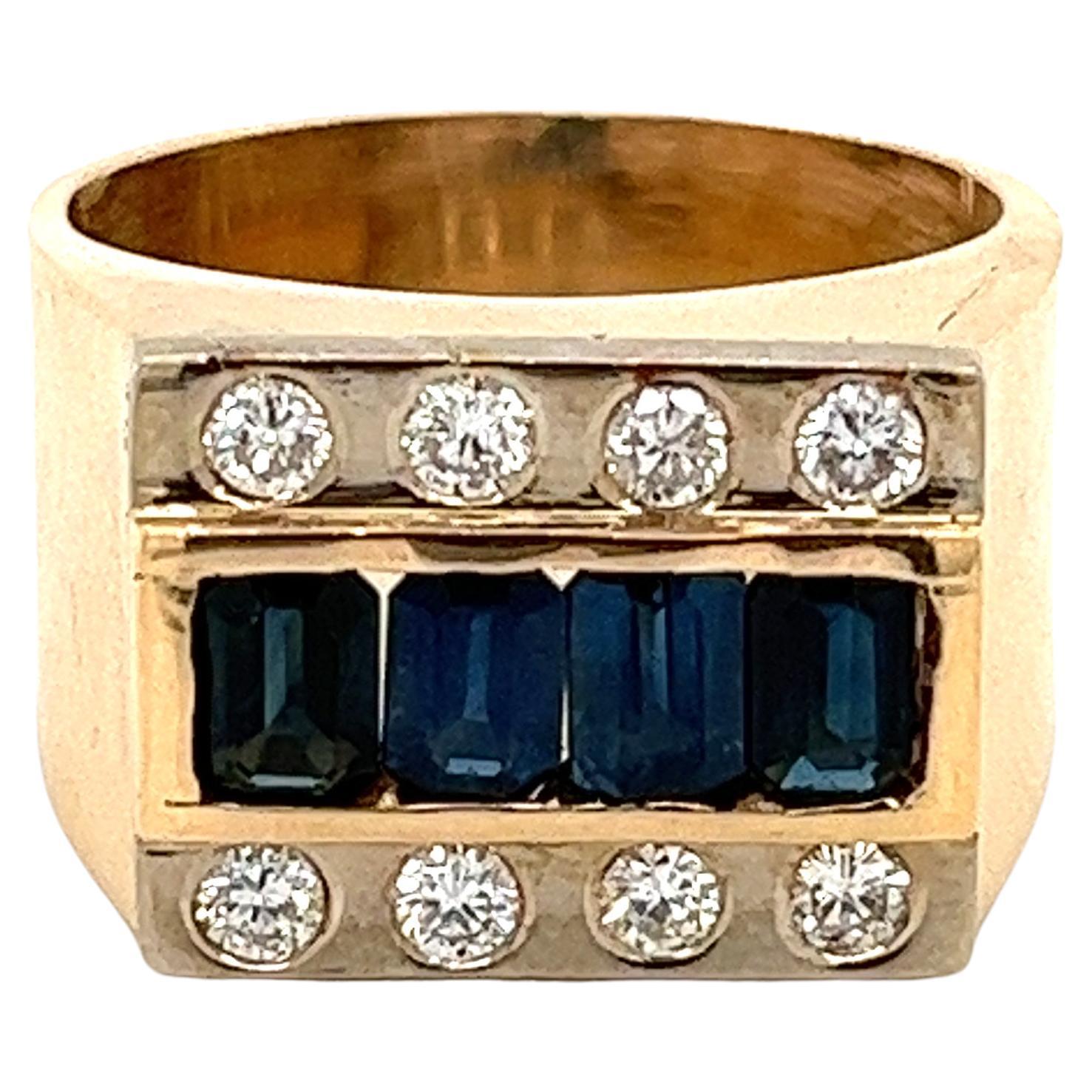 Bague large pour homme en or 14 carats avec saphir bleu et diamants en vente