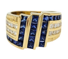 Blue Sapphire and Diamond Multi Row Zig Zag Motif Band Ring in 18K Yellow Gold