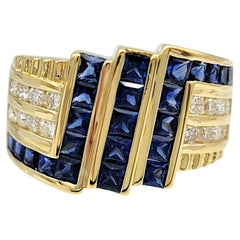 Blue Sapphire and Diamond Multi Row Zig Zag Motif Band Ring in 18K Yellow Gold