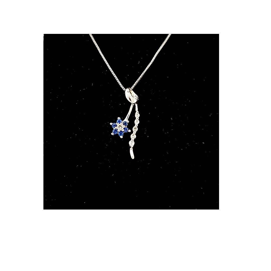 Round Cut Blue Sapphire and Diamond Necklace For Sale