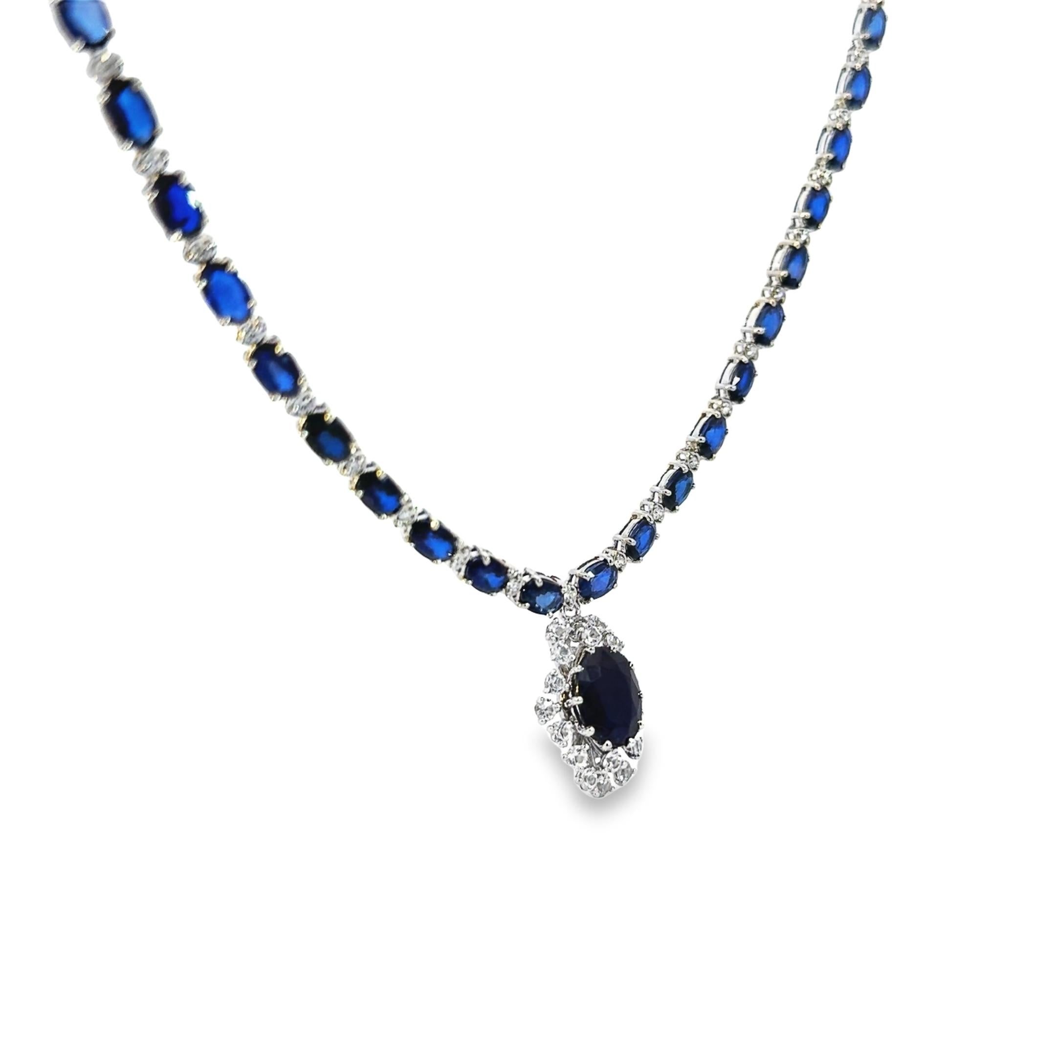 Modern Blue Sapphire and Diamond Necklace in 14K Gold For Sale