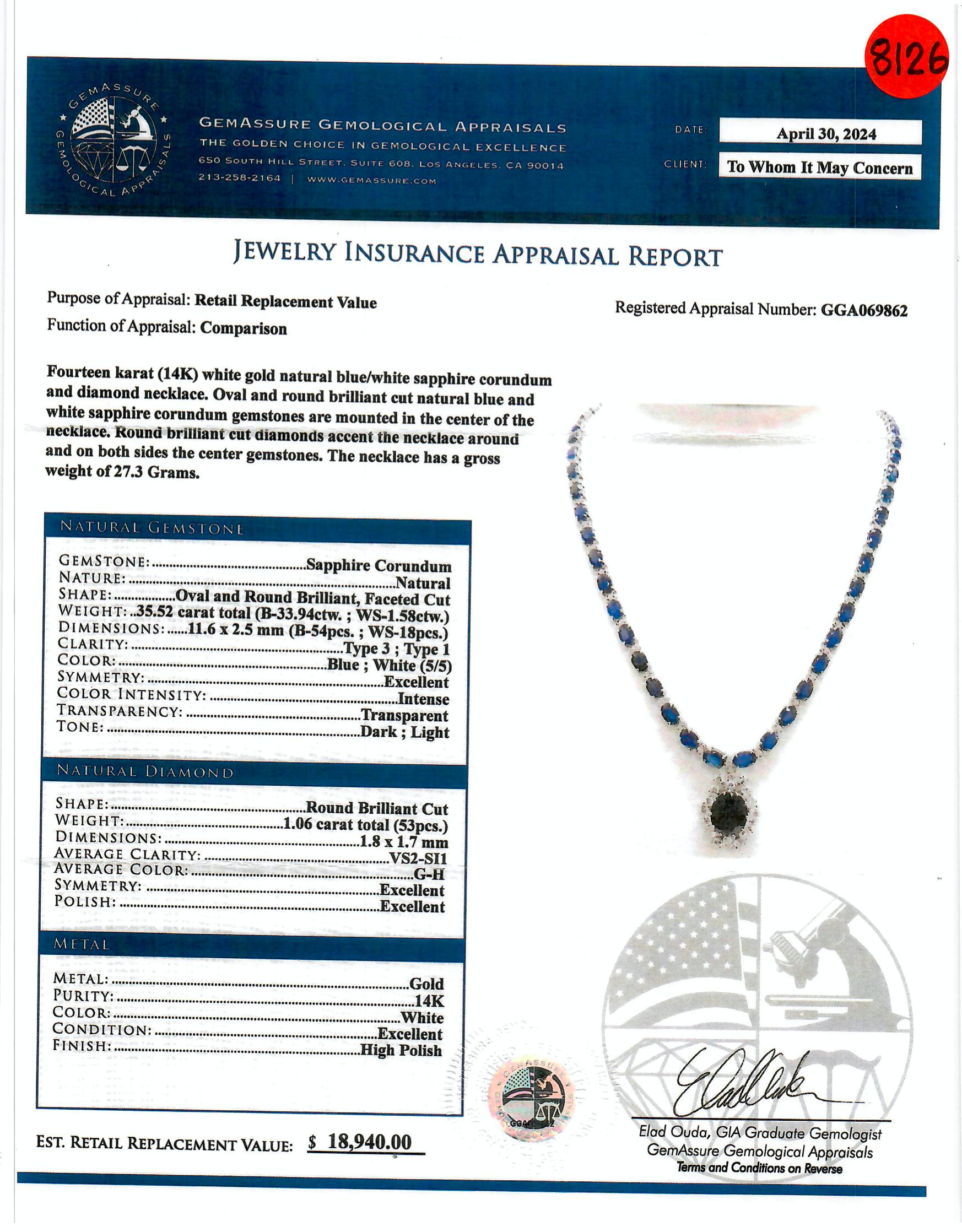 Oval Cut Blue Sapphire and Diamond Necklace in 14K Gold For Sale