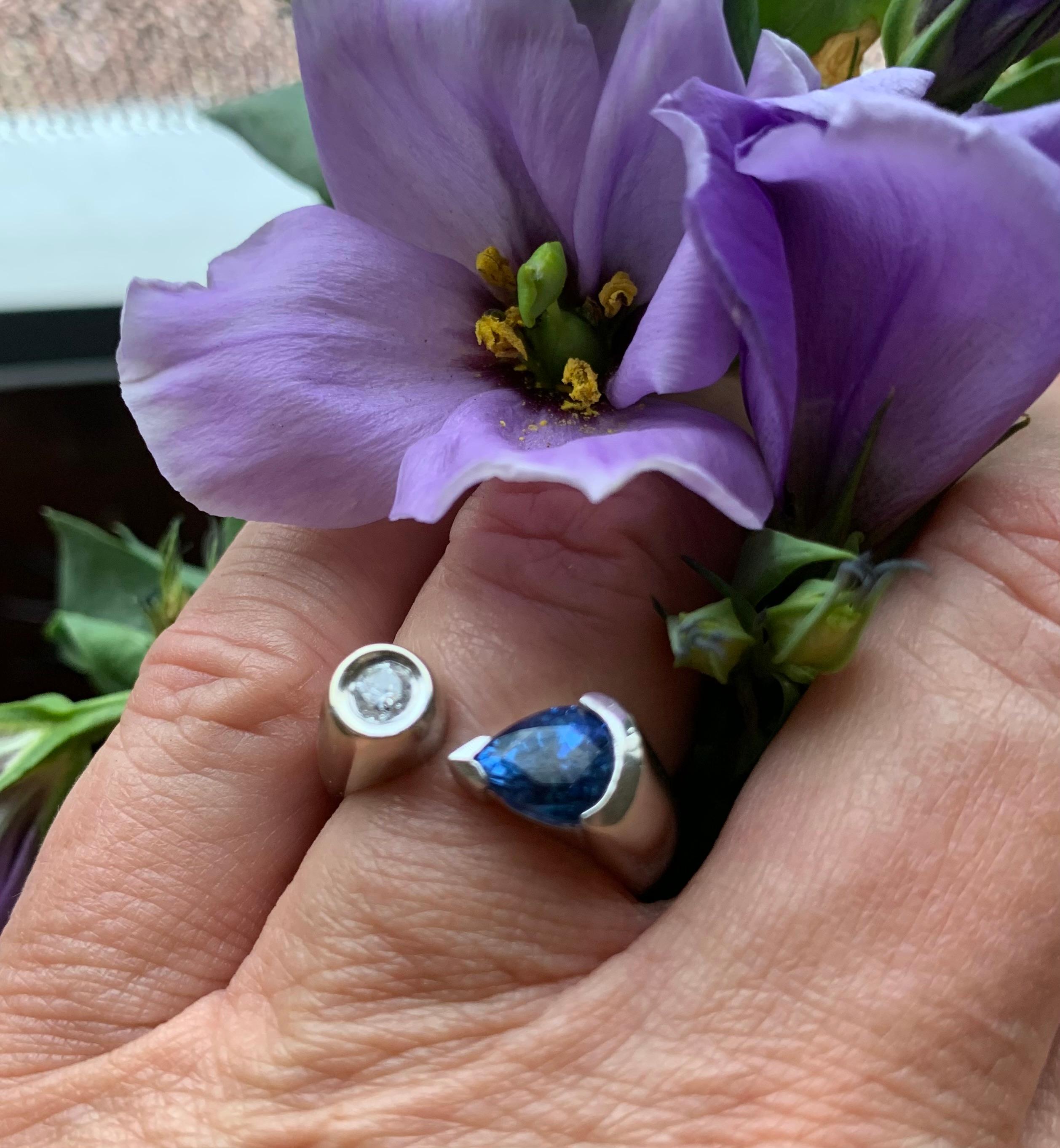 Modern Blue Sapphire and Diamond open shank ring