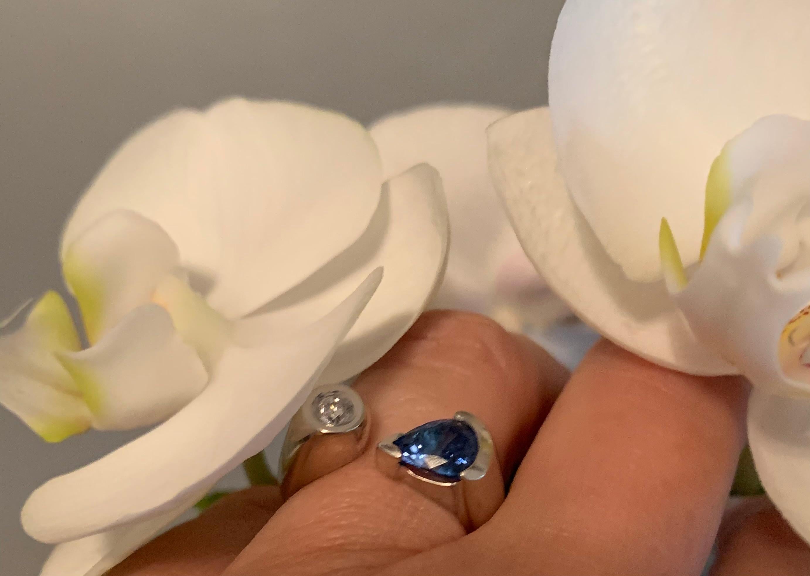 Pear Cut Blue Sapphire and Diamond open shank ring