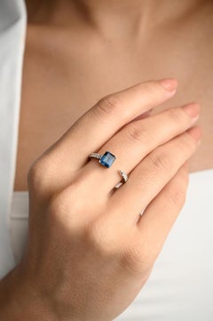 1.22 CTW Blue Sapphire and Diamond Open Ring 18k Solid White Gold For Her