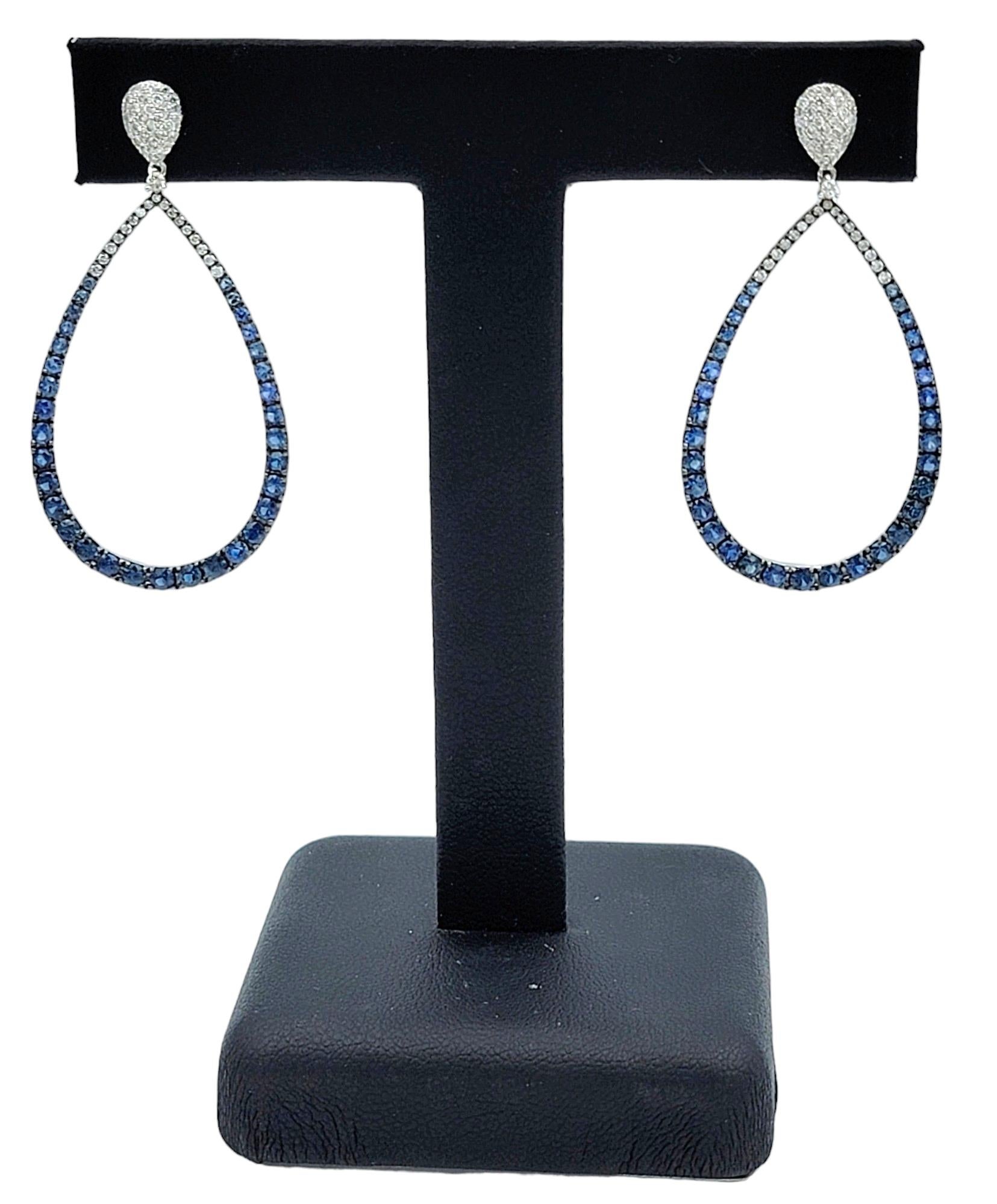 Blue Sapphire and Diamond Open Teardrop Dangle Earrings in 14 Karat White Gold 1