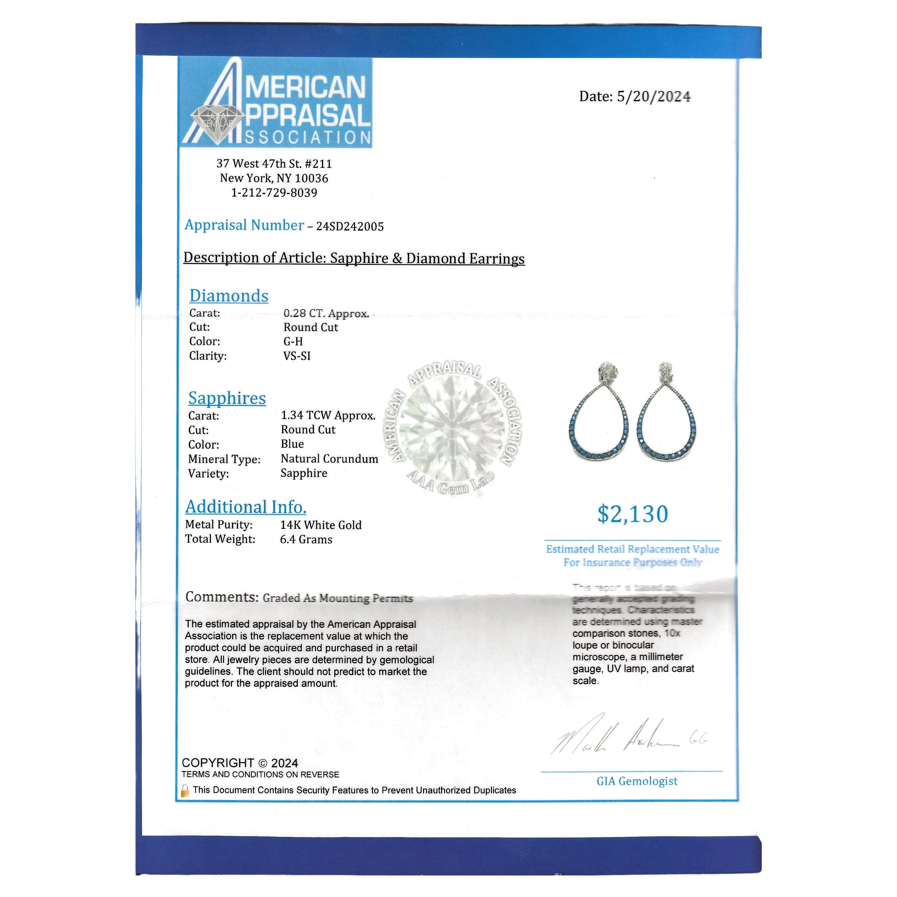 Blue Sapphire and Diamond Open Teardrop Dangle Earrings in 14 Karat White Gold 2