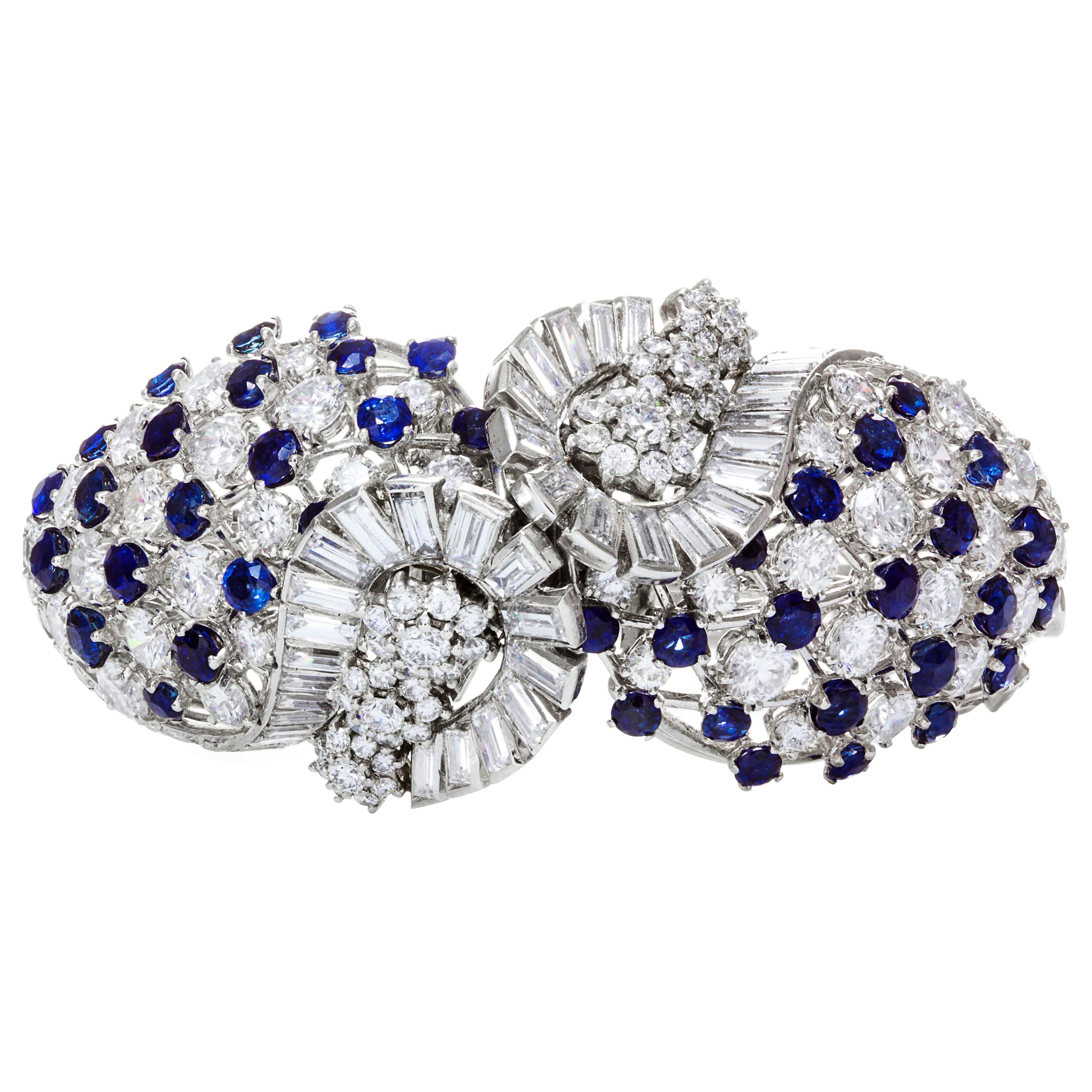 Bracelet/Broche ajouré en saphir bleu taille ronde et diamants de 27,08 carats au total