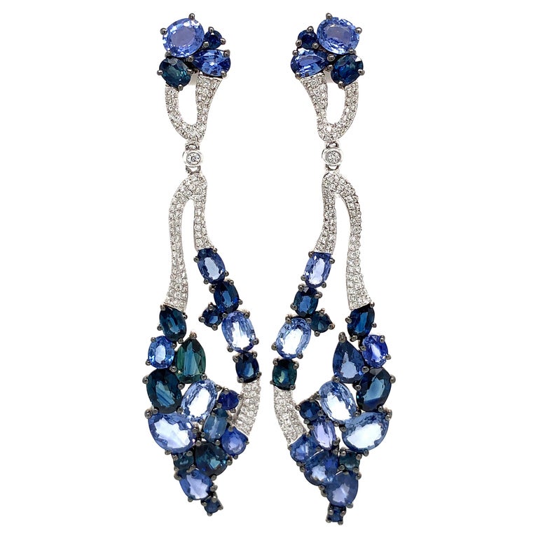 Blue Sapphire and Diamond Pavé Chandelier Earrings For Sale at 1stdibs