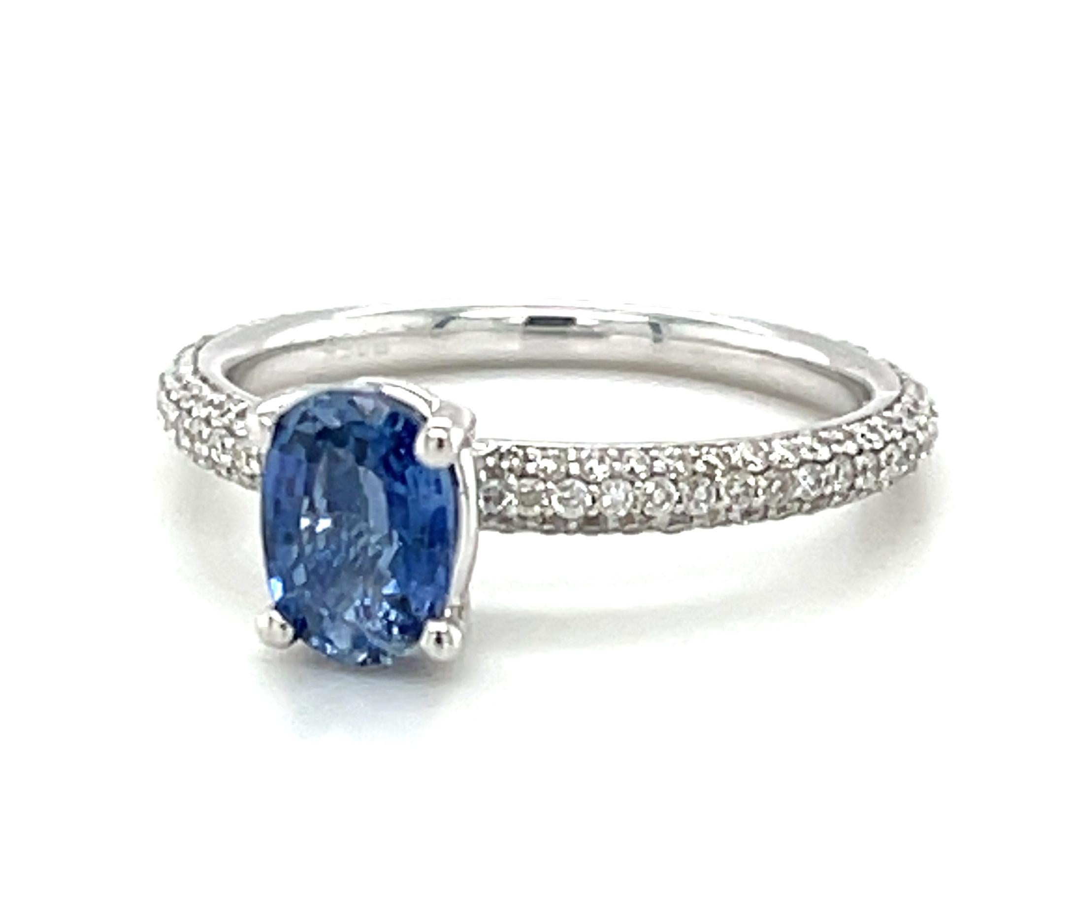Artisan Blue Sapphire and Diamond Pave Engagement Ring in 18k White Gold For Sale