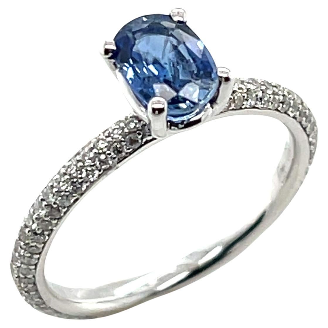 Blue Sapphire and Diamond Pave Engagement Ring in 18k White Gold For Sale