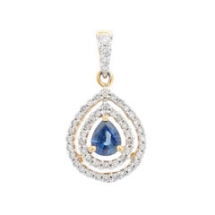 Birnenblauer Saphir-Doppel Halo-Diamant-Anhänger aus 18 Karat massivem Gelbgold