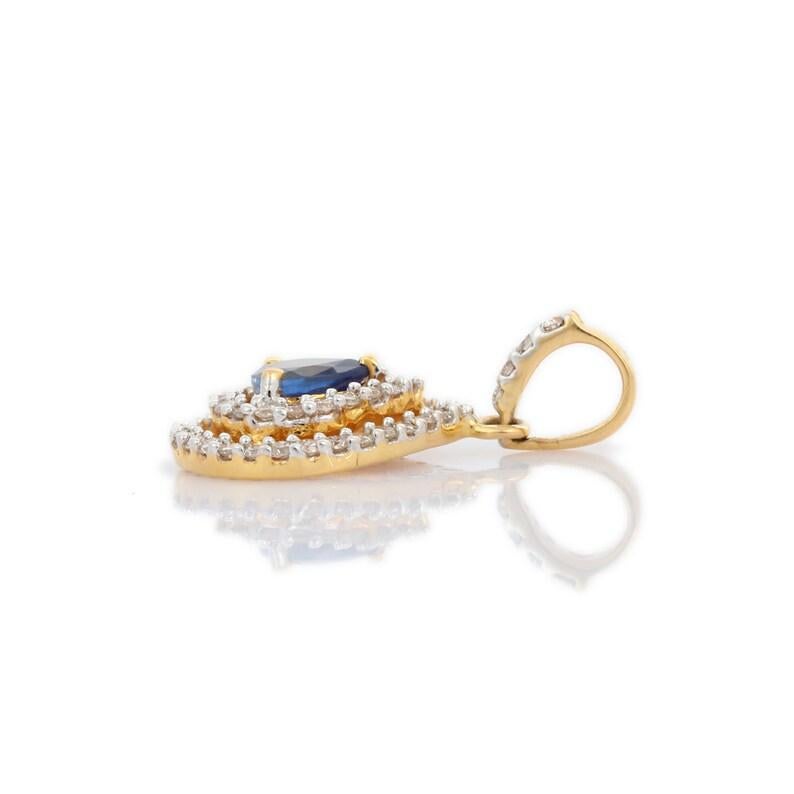 Mixed Cut Pear Blue Sapphire Double Halo Diamond Pendant in 18kt Solid Yellow Gold For Sale