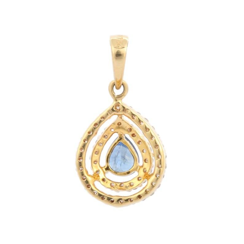 Women's Pear Blue Sapphire Double Halo Diamond Pendant in 18kt Solid Yellow Gold For Sale