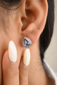 Blue Sapphire and Diamond Pear Stud Earrings 14k Solid White Gold, Gift For Her