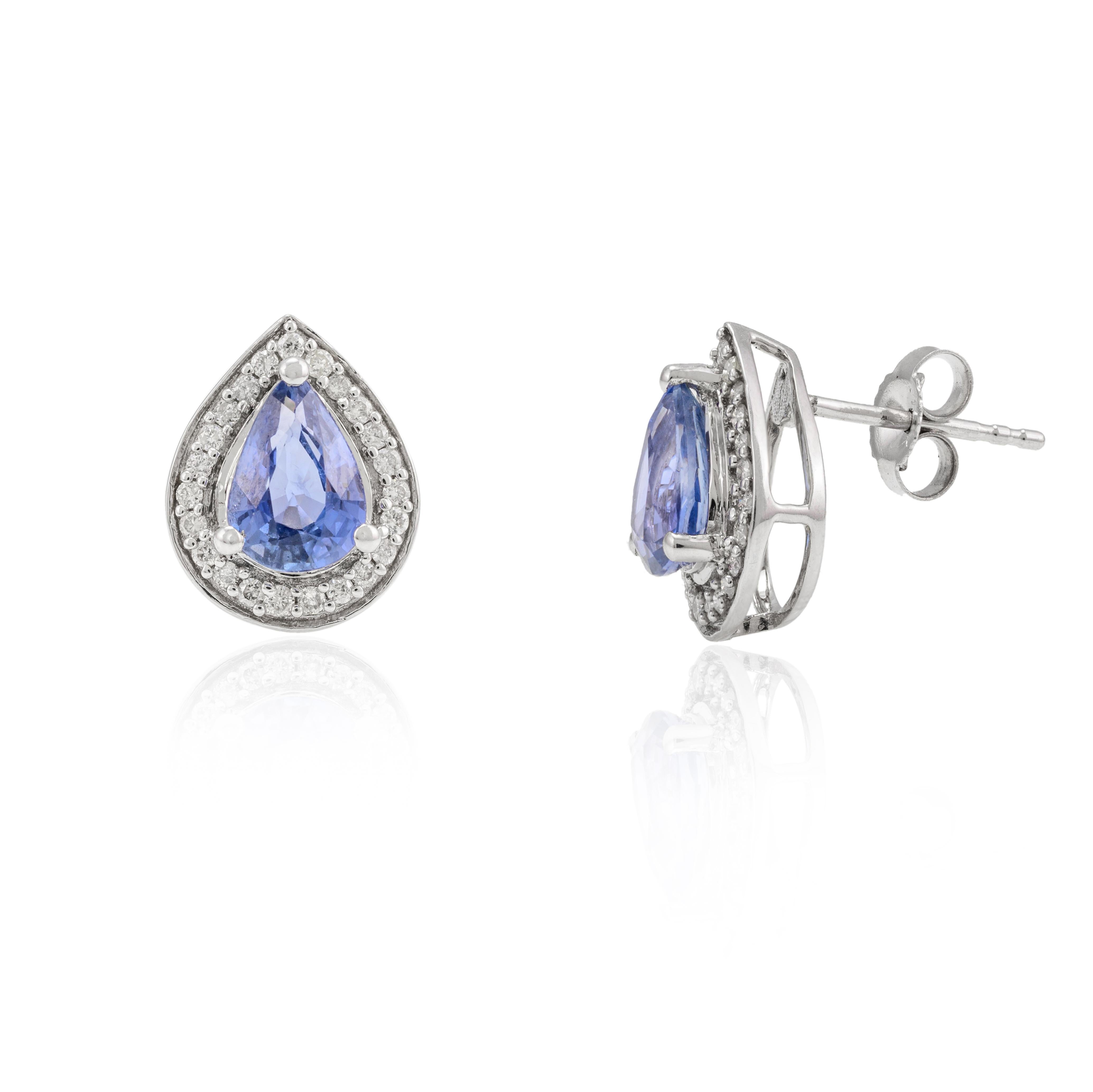Modernist Blue Sapphire and Diamond Pear Stud Earrings 14k Solid White Gold, Gift For Her For Sale