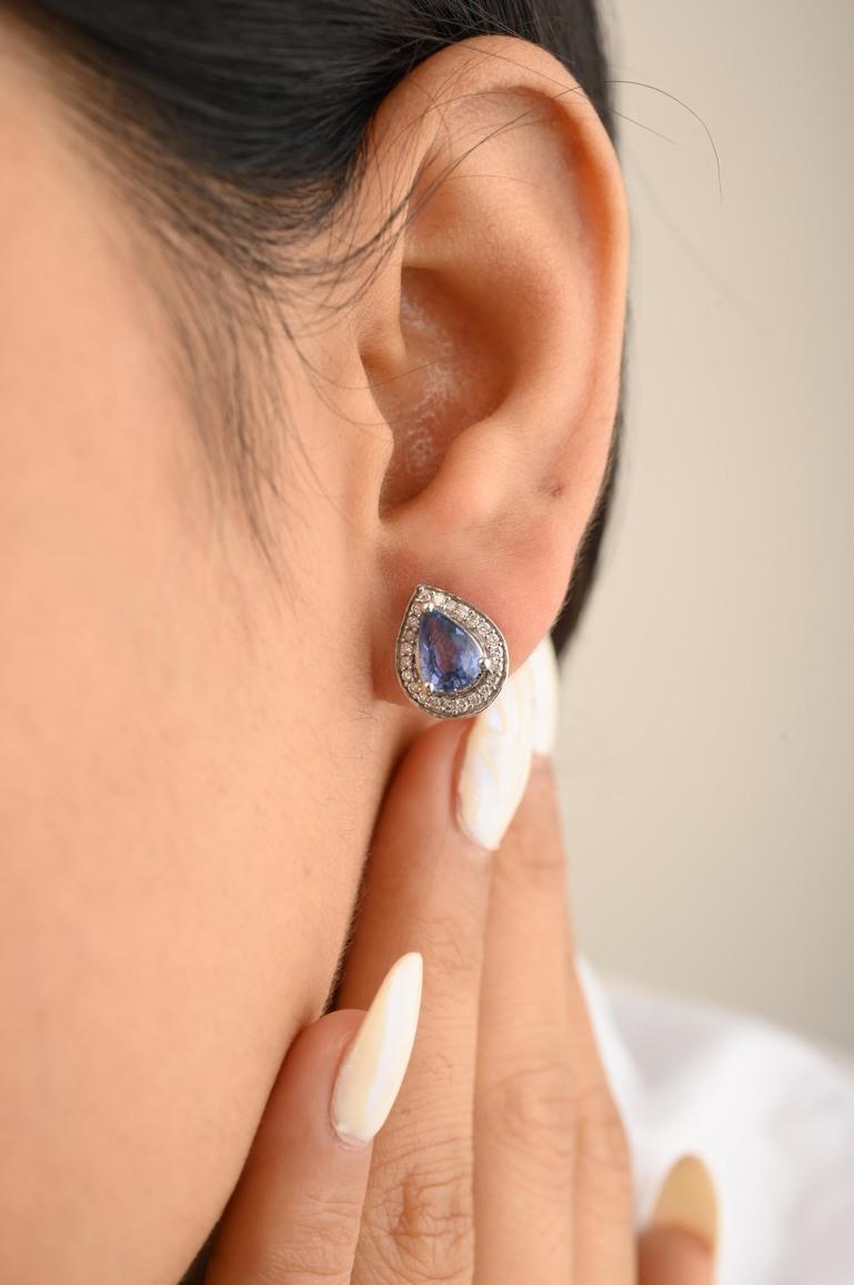 Blue Sapphire and Diamond Pear Stud Earrings 14k Solid White Gold, Gift For Her In New Condition For Sale In Houston, TX