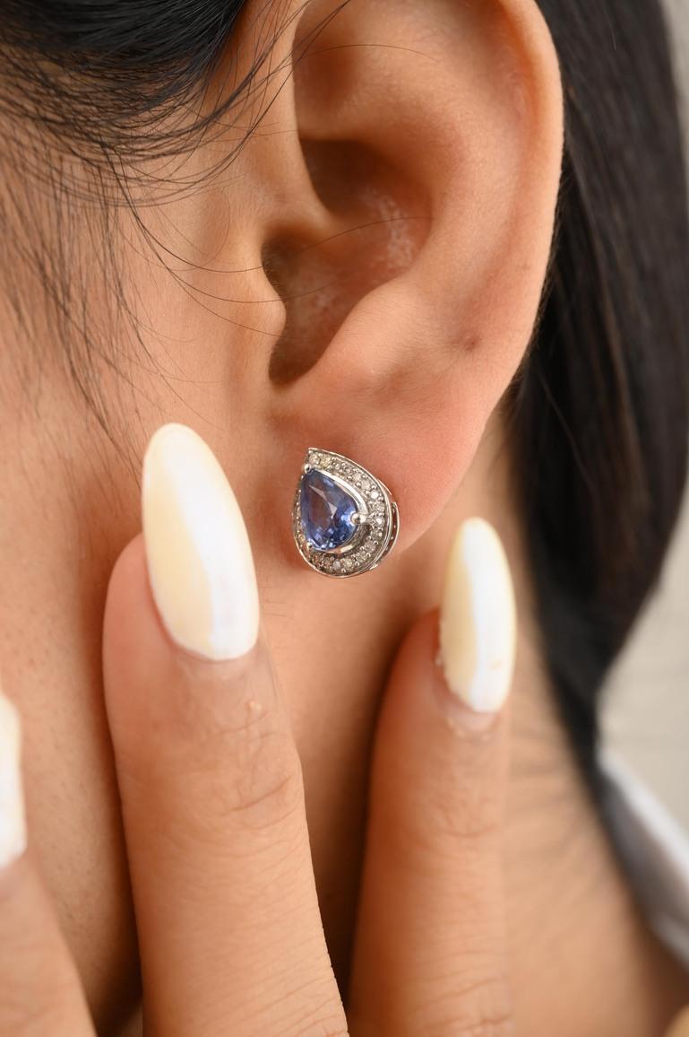 Women's Blue Sapphire and Diamond Pear Stud Earrings 14k Solid White Gold, Gift For Her For Sale