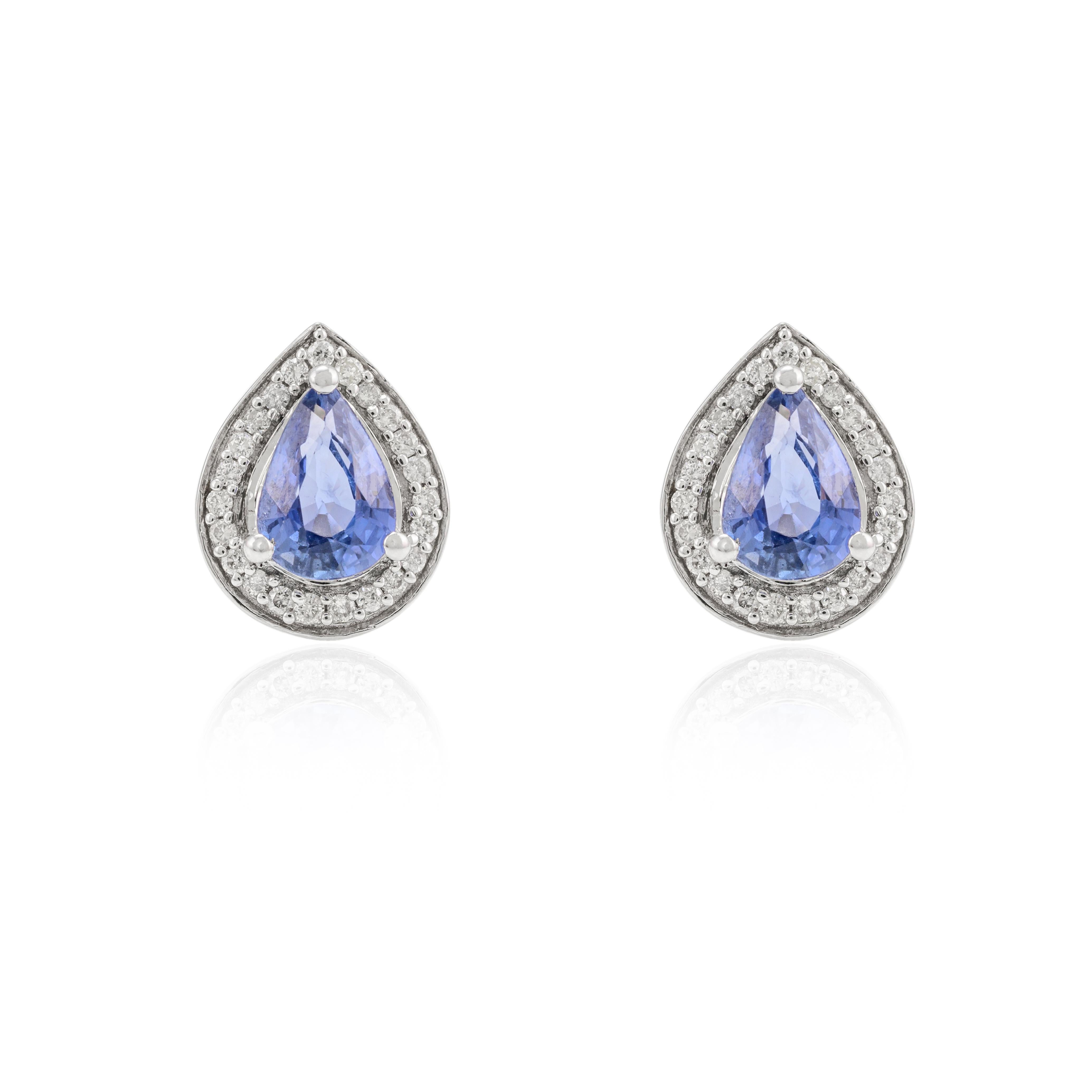 Blue Sapphire and Diamond Pear Stud Earrings 14k Solid White Gold, Gift For Her For Sale 1