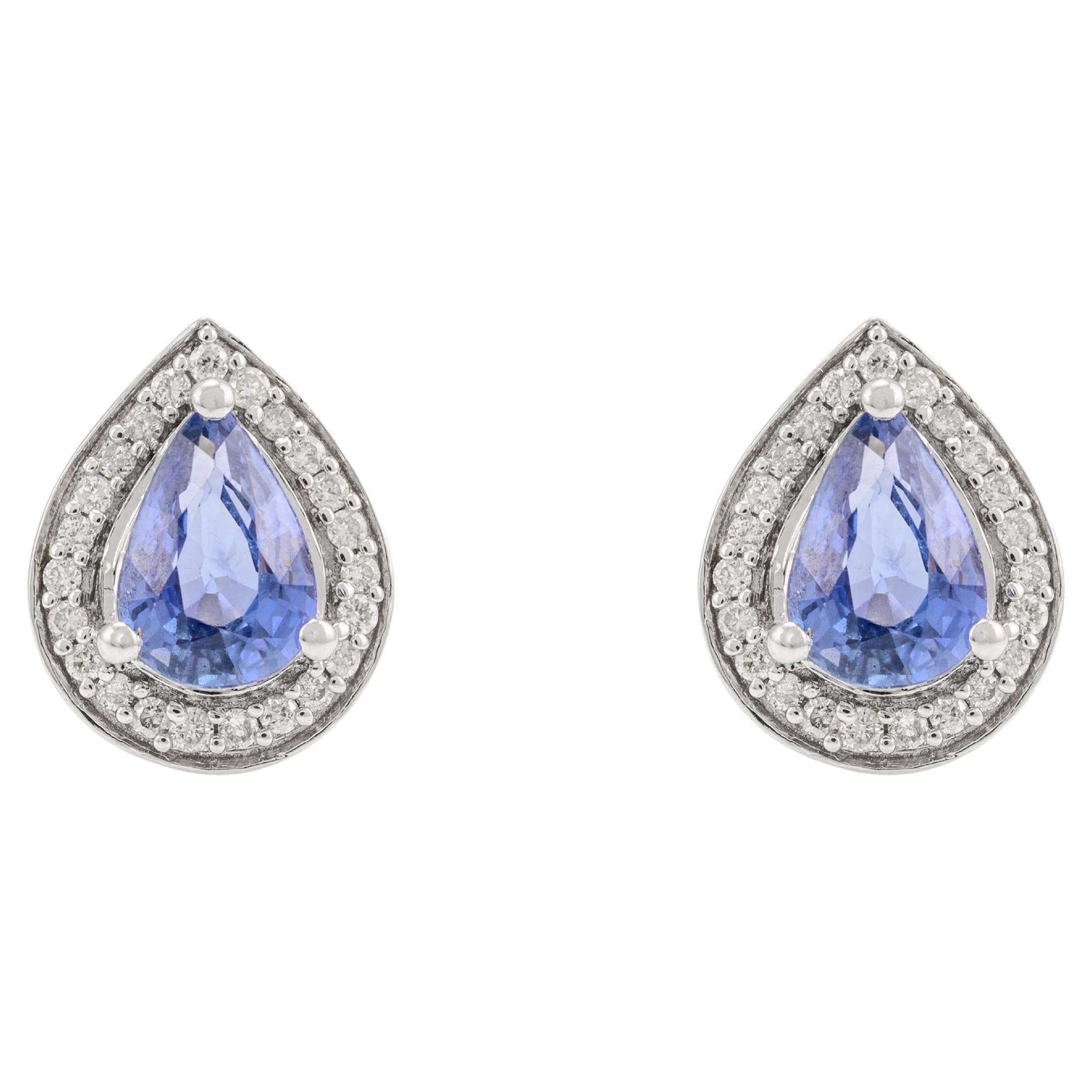 Blue Sapphire and Diamond Pear Stud Earrings 14k Solid White Gold, Gift For Her