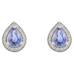 Blue Sapphire and Diamond Pear Stud Earrings 14k Solid White Gold, Gift For Her
